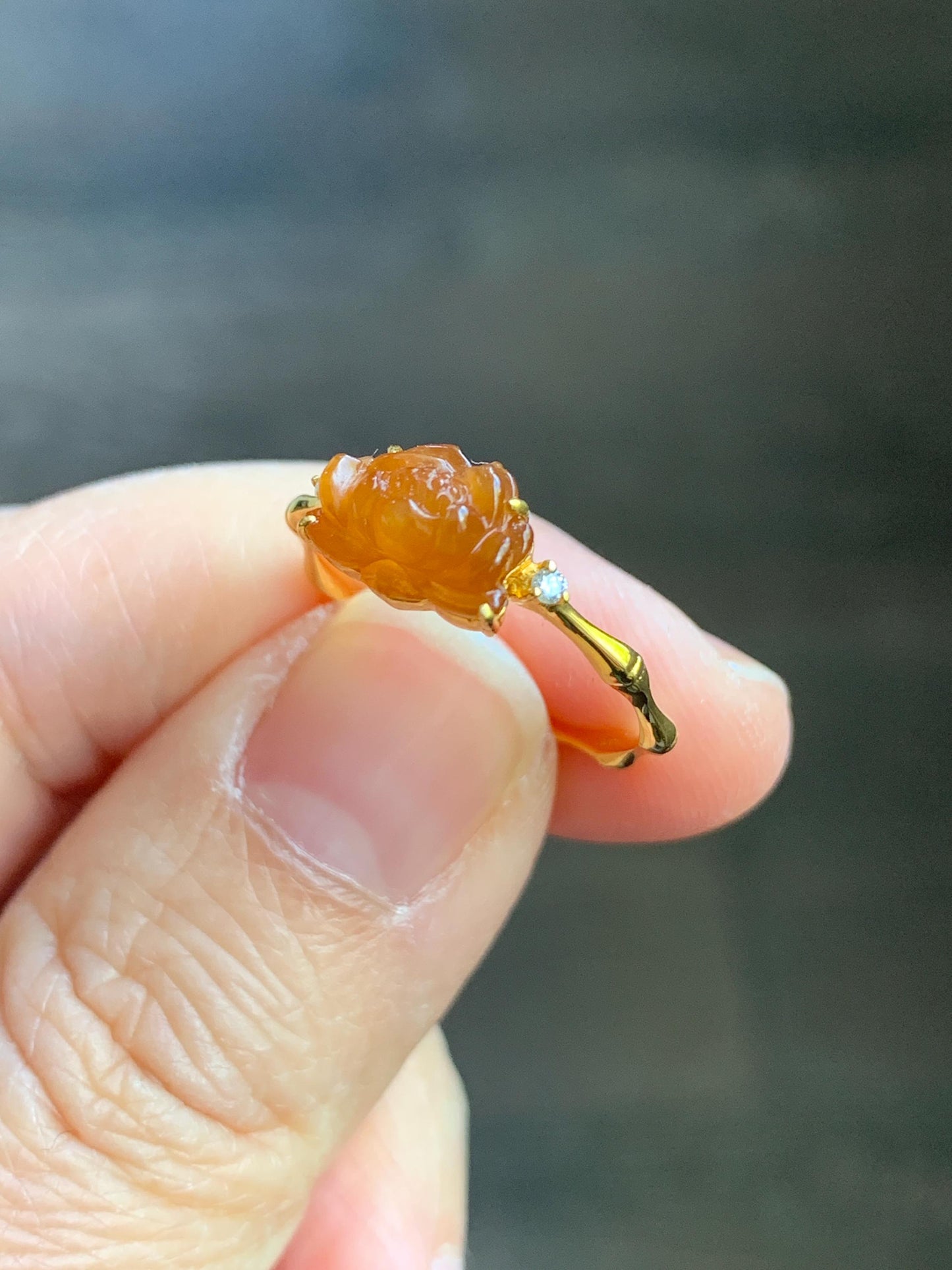 Certified Natural Burmese Icy Translucent Rich Cognac Jadeite Lotus Flower Ring 18K Yellow Gold Diamonds Size 7.25 US 2g 天然缅甸冰红翡翠莲花镶嵌戒指 3043
