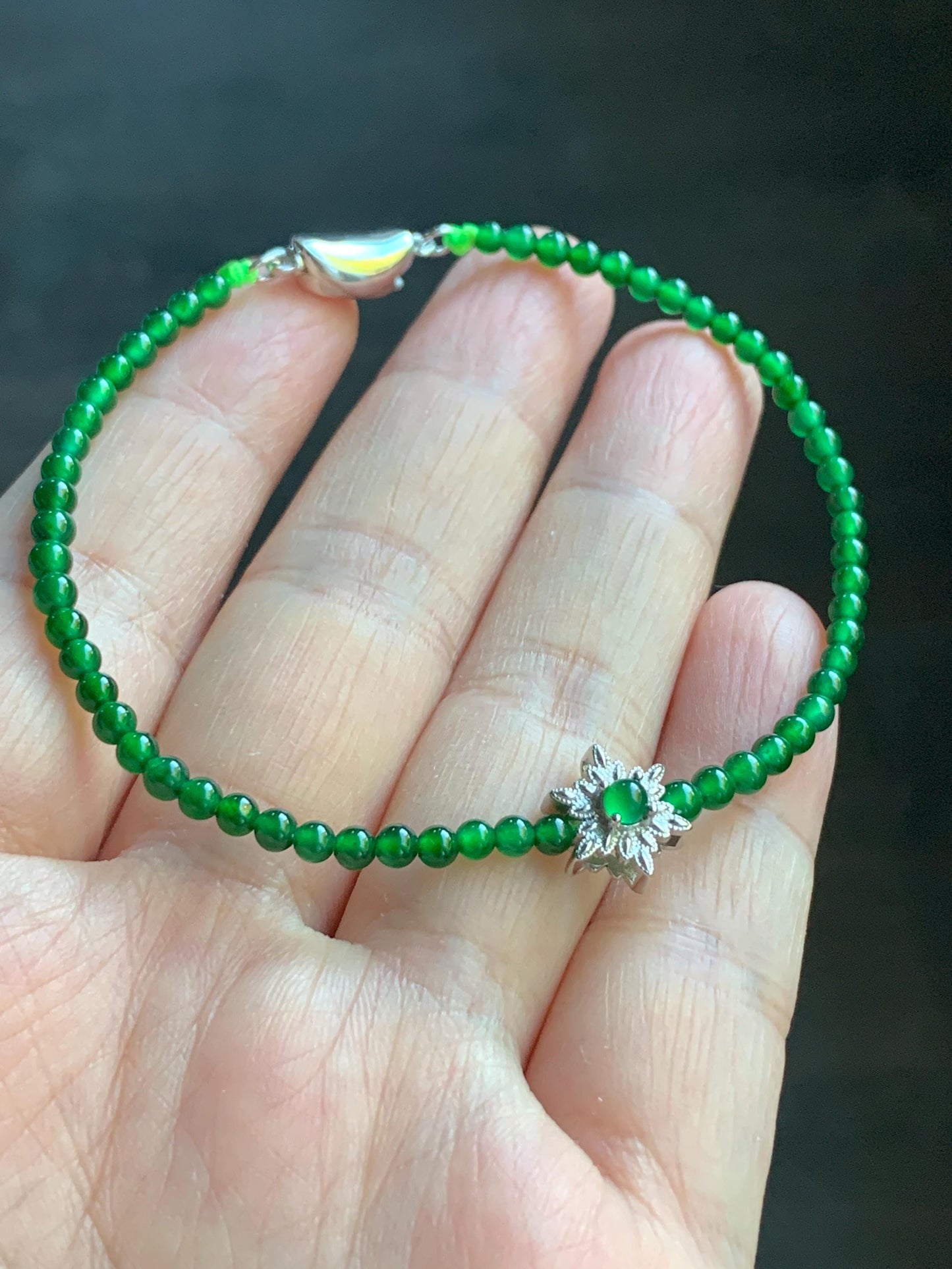 Natural Guatemalan Icy Highly Translucent Vibrant Green Jadeite Petite Beads Snowflake Beaded Bracelet 7” Sterling Silver 天然高冰危绿翡翠小圆珠雪花潘多拉手串