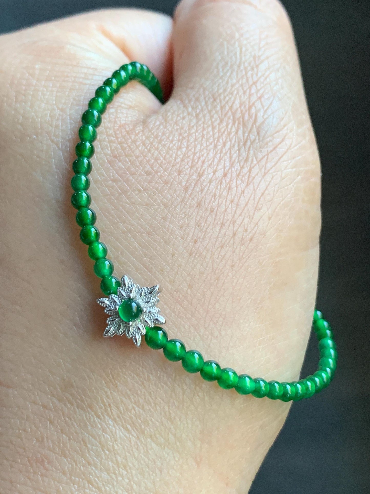 Natural Guatemalan Icy Highly Translucent Vibrant Green Jadeite Petite Beads Snowflake Beaded Bracelet 7” Sterling Silver 天然高冰危绿翡翠小圆珠雪花潘多拉手串
