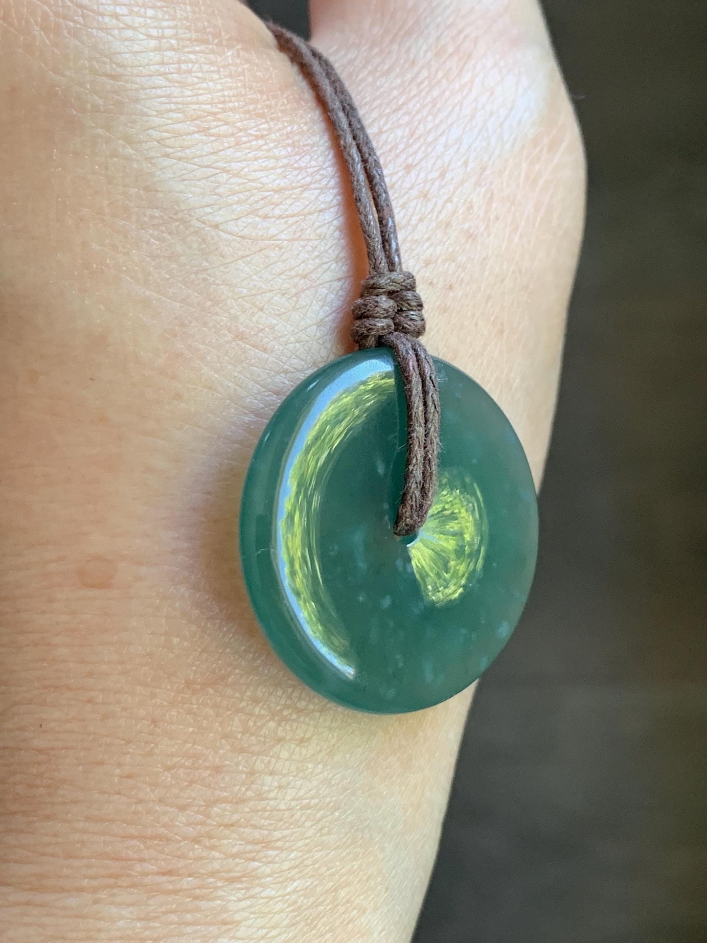 Natural Guatemalan Icy Highly Translucent Gelatinous Teal Green Jadeite Ping An Kou Donut Pendant Rope Necklace 26” 8g 天然老种冰胶危蓝绿翡翠平安扣吊坠