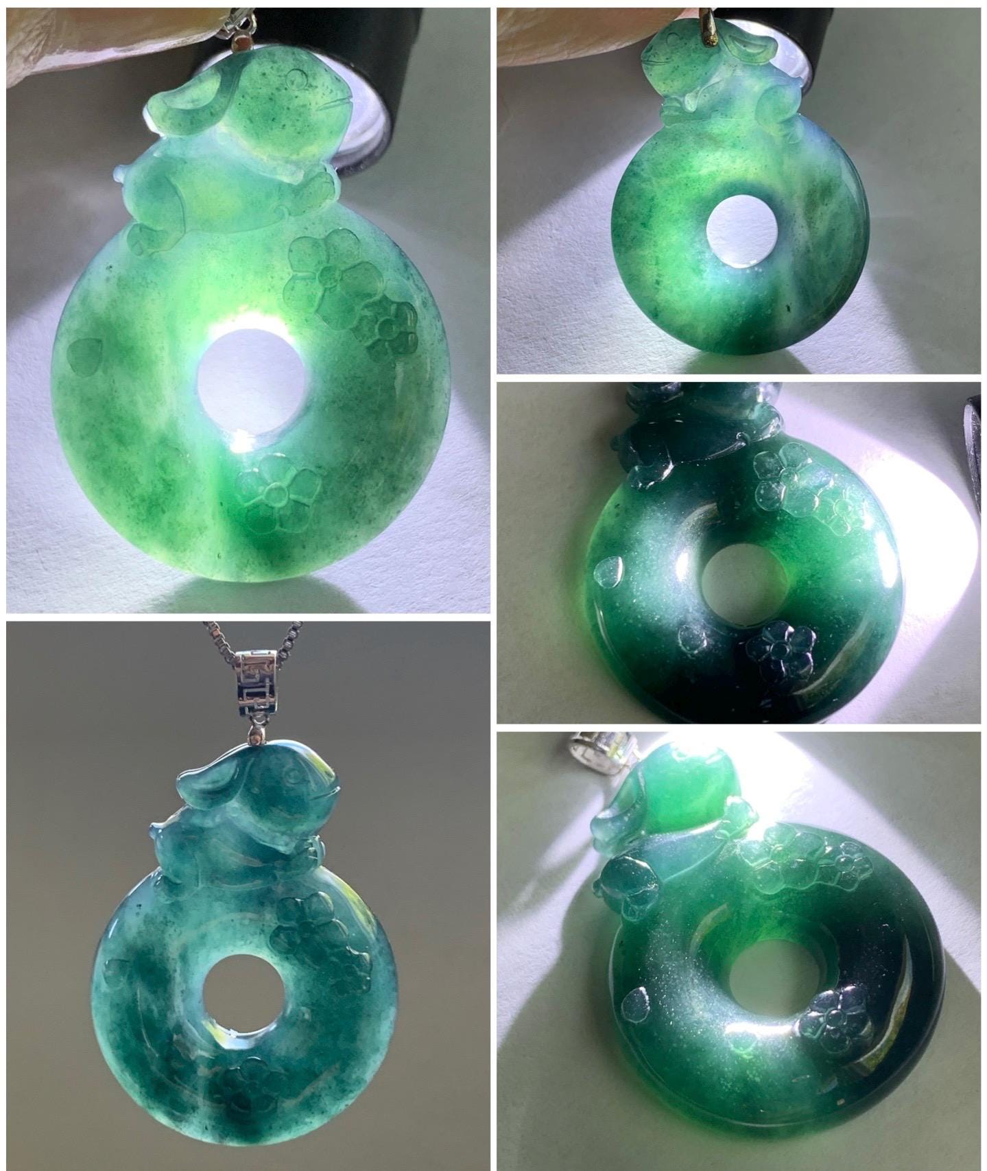 Natural Guatemalan Icy Translucent Dark Teal Blue Jadeite Rabbit Cherry Blossom Ping An Kou Donut Pendant 18K White Gold 天然冰危深蓝翡翠小兔梅花平安扣吊坠