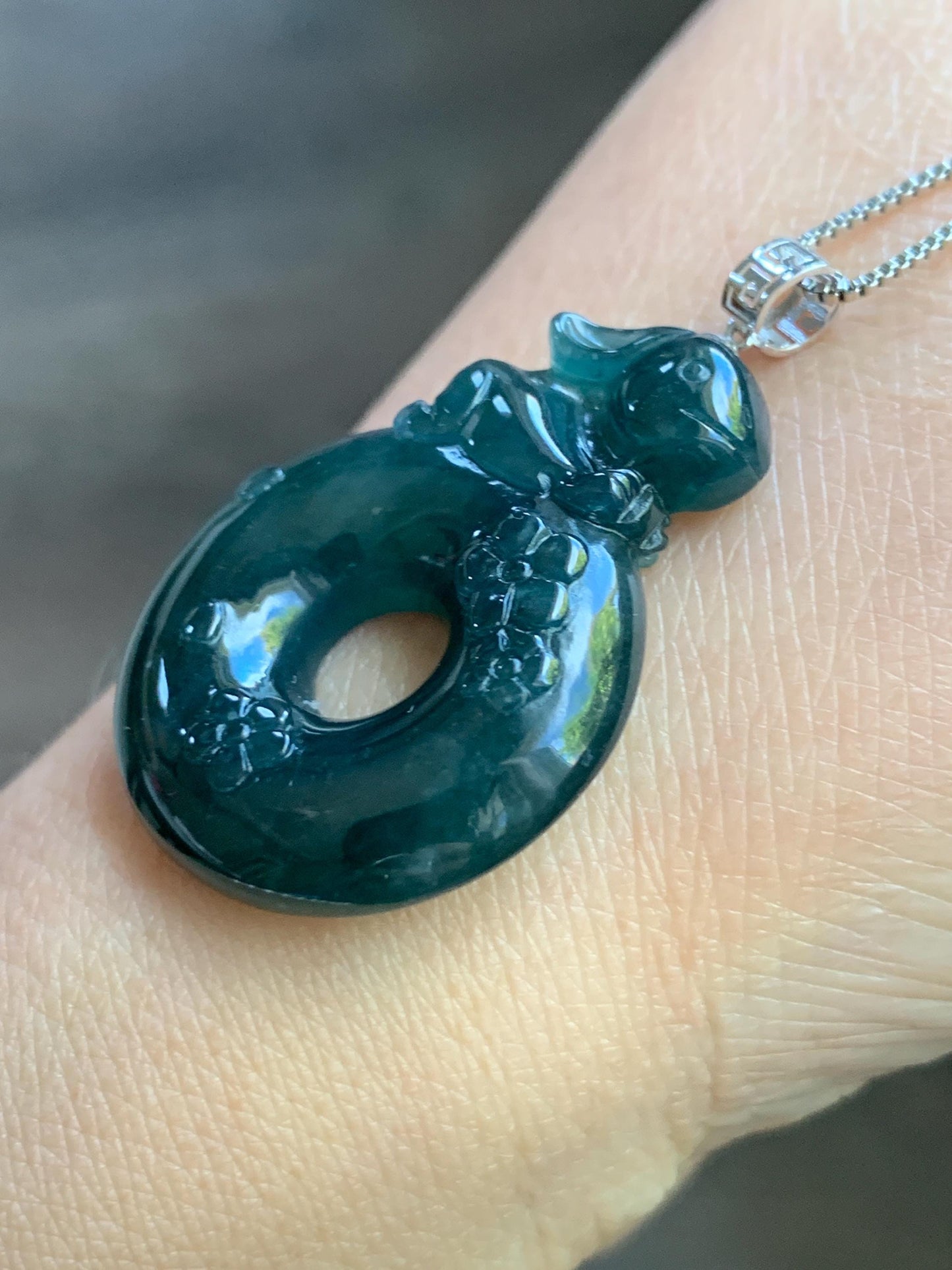 Natural Guatemalan Icy Translucent Dark Teal Blue Jadeite Rabbit Cherry Blossom Ping An Kou Donut Pendant 18K White Gold 天然冰危深蓝翡翠小兔梅花平安扣吊坠
