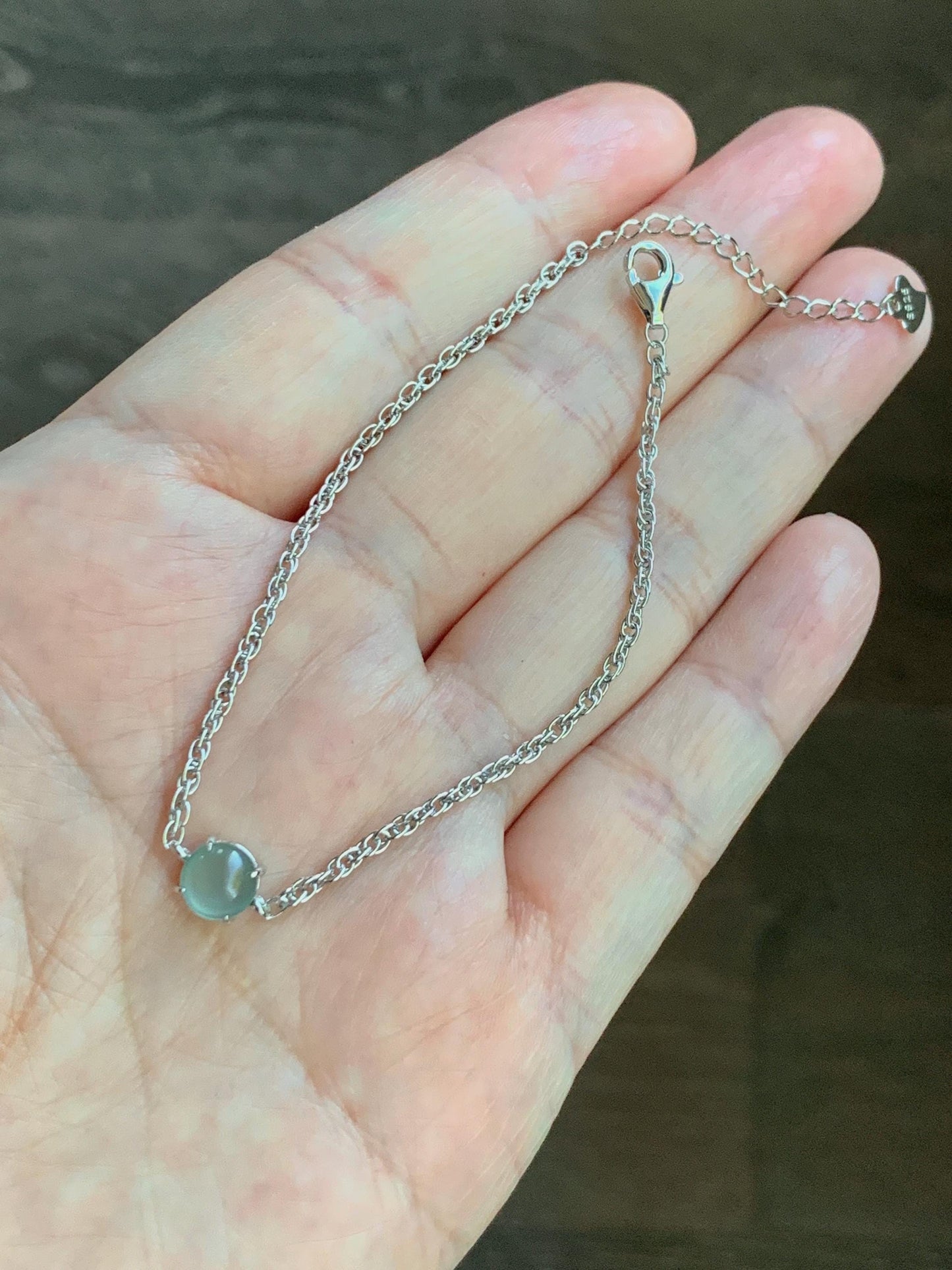 Natural Guatemalan Grade A Icy Highly Translucent Light Blue Jadeite Chain Bracelet Sterling Silver 6.25" -7.25” Adjustable 天然冰危淡蓝起光翡翠银镶手链