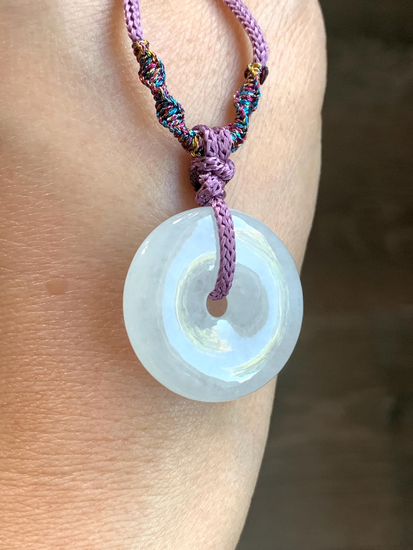 Certified Natural Burmese Icy Highly Translucent White Jadeite Ping An Kou Donut Pendant Rope Necklace 28" Adjustable 天然缅甸正白冰起光翡翠平安扣吊坠 3017