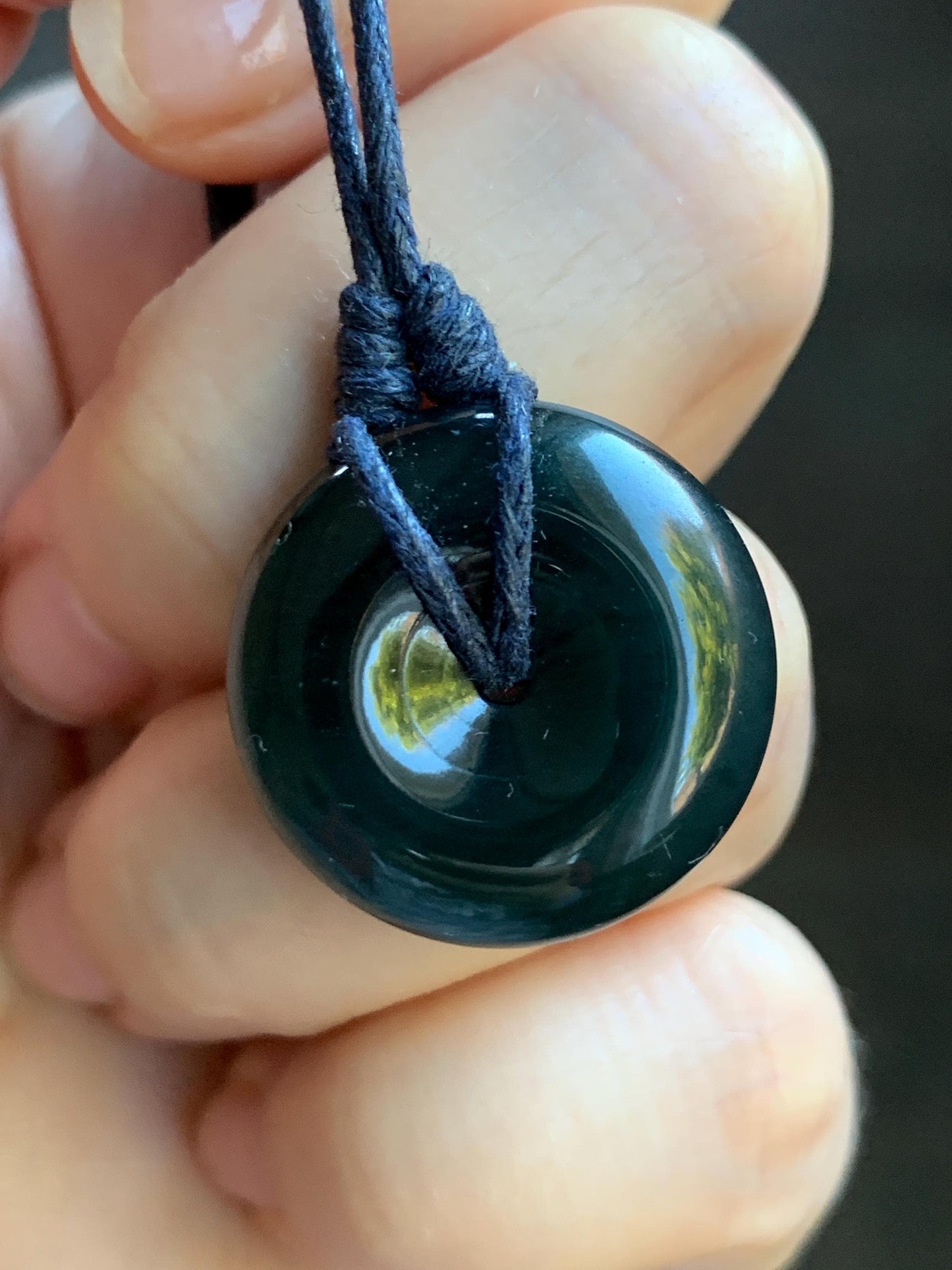 Natural Guatemalan Icy Translucent Gelatinous Deep Teal Blue Jadeite Thick Ping An Kou Donut Pendant Rope Necklace 25” 8g 天然老种冰胶危老蓝水翡翠平安扣吊坠