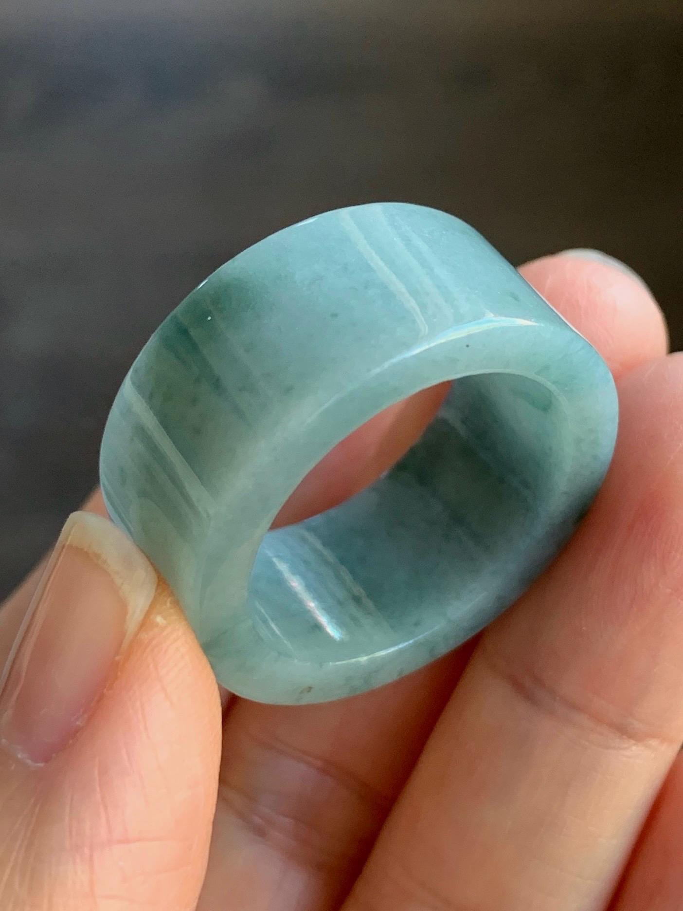 Natural Guatemalan Icy Translucent Light Dusty Blue Dark Green Marbled Jadeite Wide Banzhi Band Ring Size 12.5 12g 天然危淡蓝飘花翡翠扳指戒圈