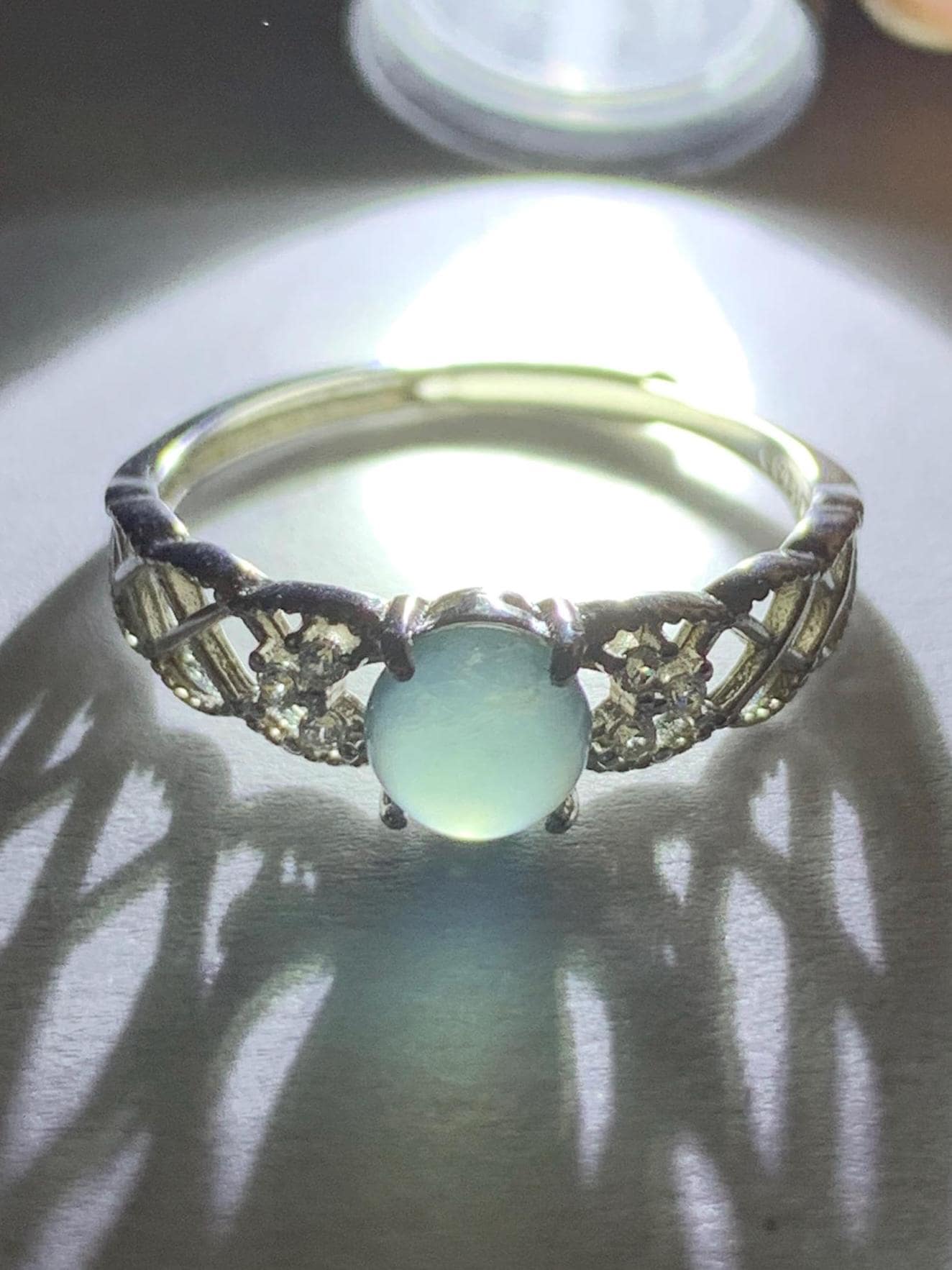 Natural Guatemalan Icy Highly Translucent Light Blue Jadeite Solitaire Open Band Ring Sterling Silver size 7 Adjustable 天然冰危淡蓝翡翠开口银镶戒指 WLY95