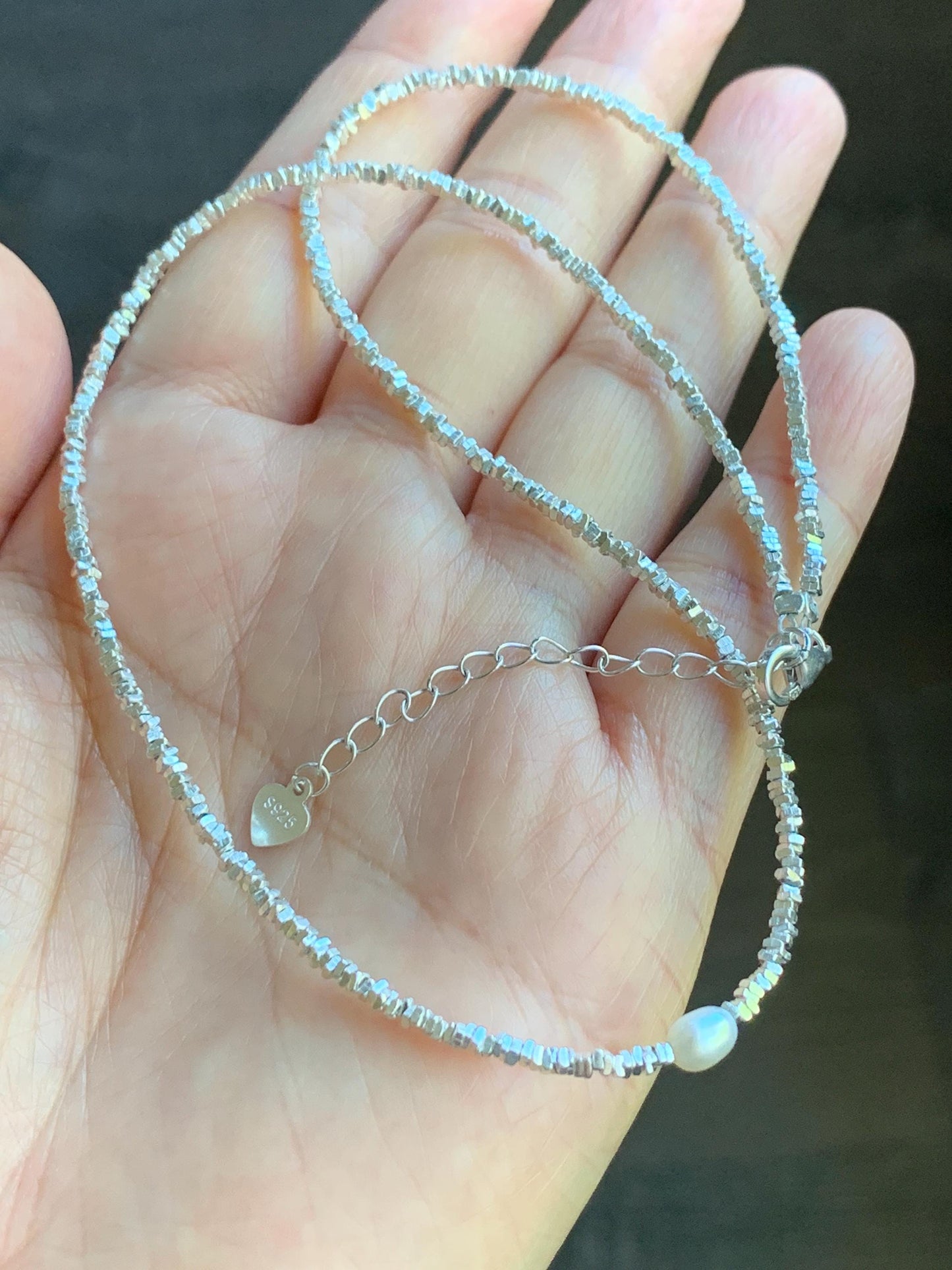 S925 Sterling Silver Triangle Beads & Natural Freshwater Pearl Beaded Chain Necklace Adjustable 15.5"-17.25” 7g 2mm S925纯银碎碎三角银珠珍珠项链