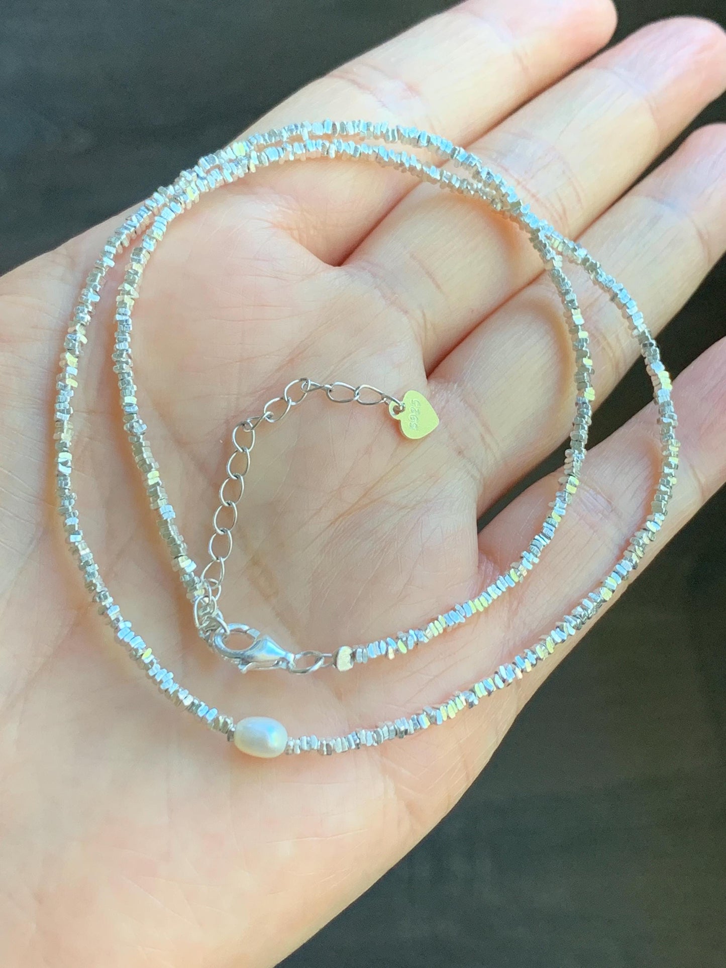 S925 Sterling Silver Triangle Beads & Natural Freshwater Pearl Beaded Chain Necklace Adjustable 15.5"-17.25” 7g 2mm S925纯银碎碎三角银珠珍珠项链