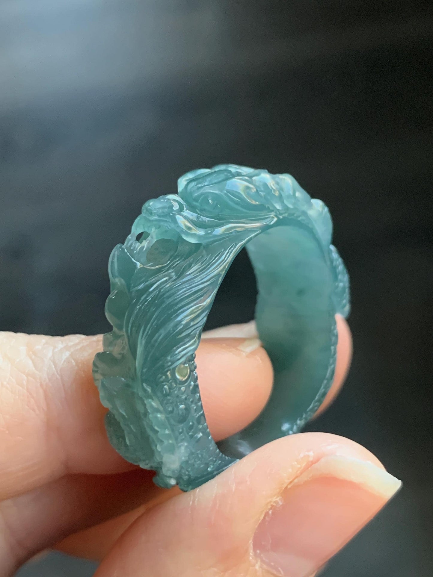 Certified Natural Guatemalan Premium Icy Translucent Teal Blue Jadeite Engraved Dragon Band Ring size 14 US 10.64g 天然冰胶起光危蓝翡翠盘龙戒圈戒指 3174