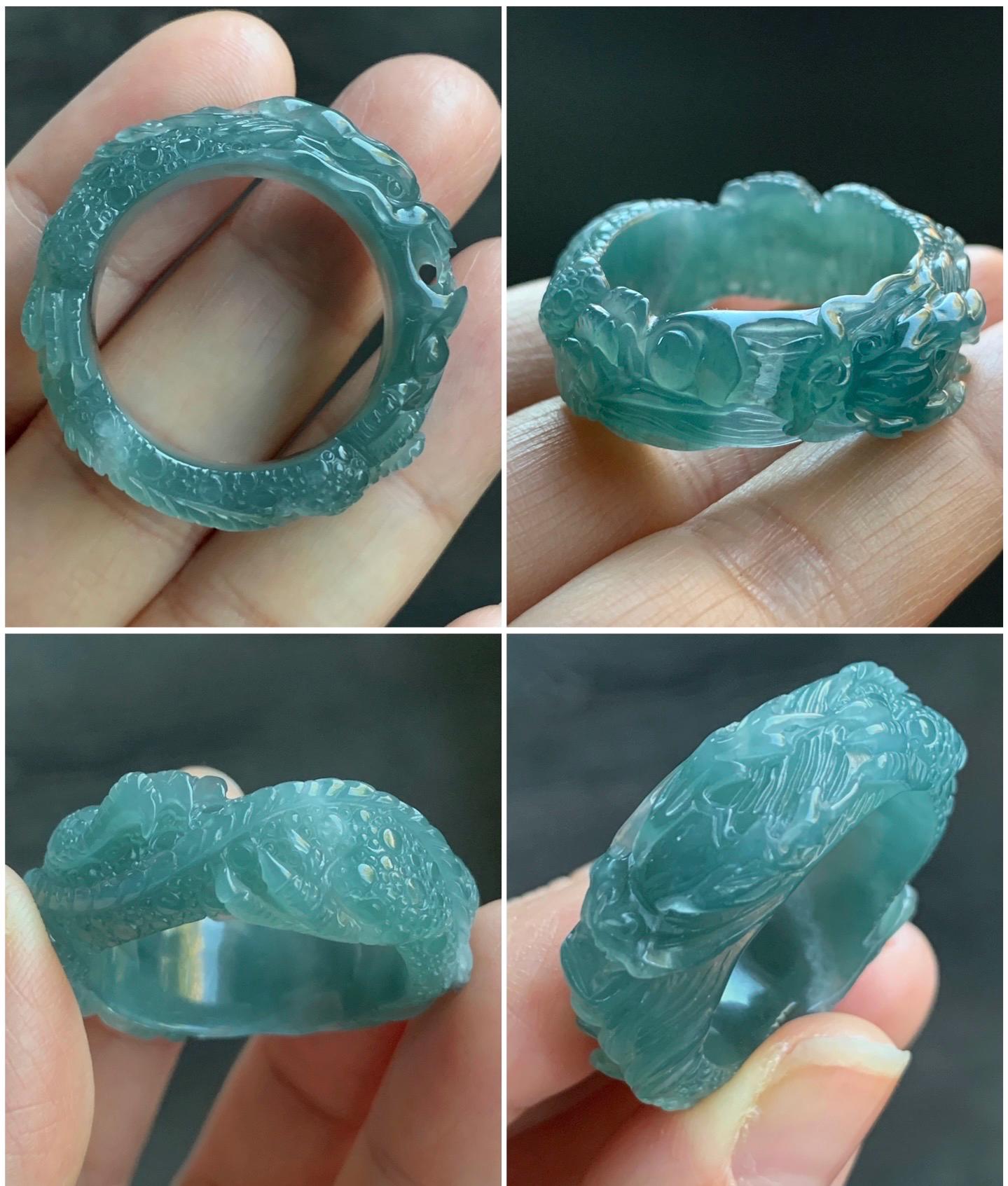 Certified Natural Guatemalan Premium Icy Translucent Teal Blue Jadeite Engraved Dragon Band Ring size 14 US 10.64g 天然冰胶起光危蓝翡翠盘龙戒圈戒指 3174