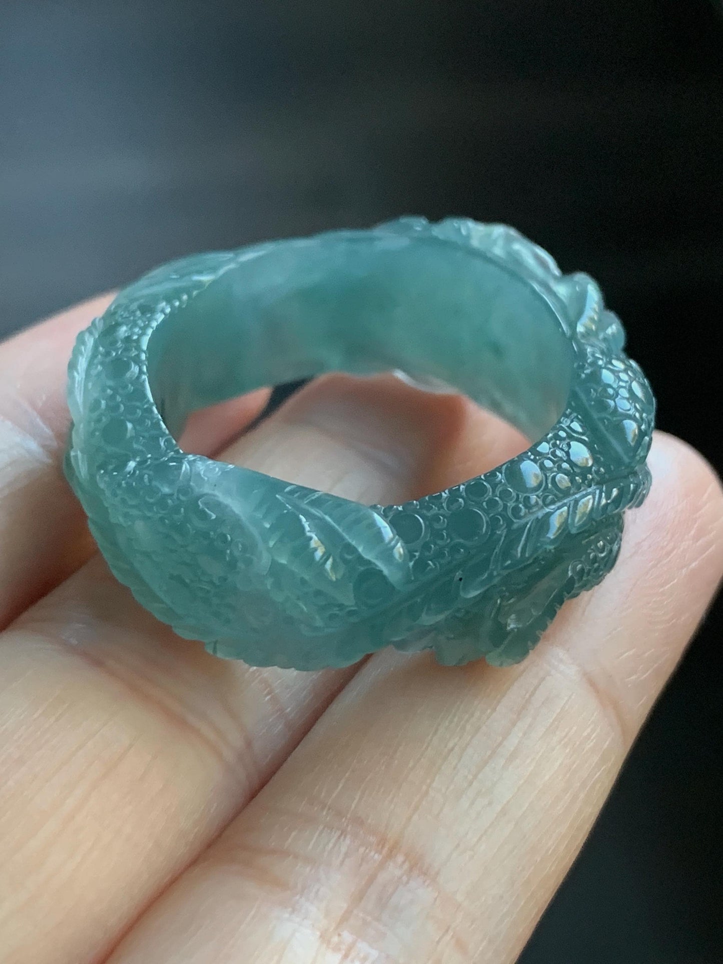 Certified Natural Guatemalan Premium Icy Translucent Teal Blue Jadeite Engraved Dragon Band Ring size 14 US 10.64g 天然冰胶起光危蓝翡翠盘龙戒圈戒指 3174