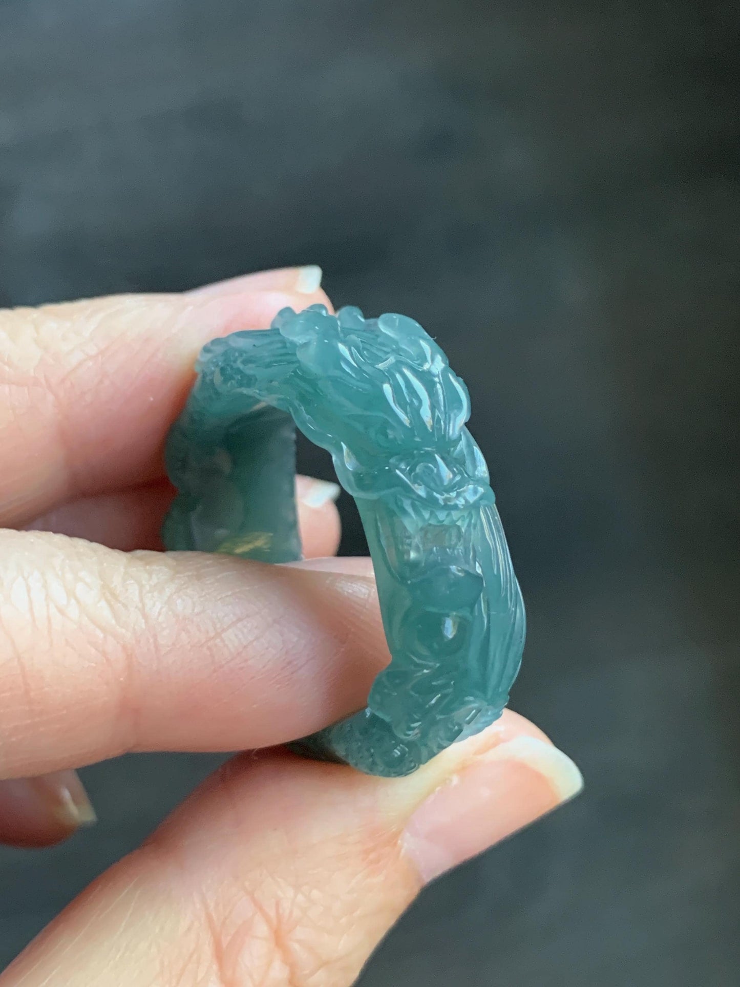Certified Natural Guatemalan Premium Icy Translucent Teal Blue Jadeite Engraved Dragon Band Ring size 14 US 10.64g 天然冰胶起光危蓝翡翠盘龙戒圈戒指 3174