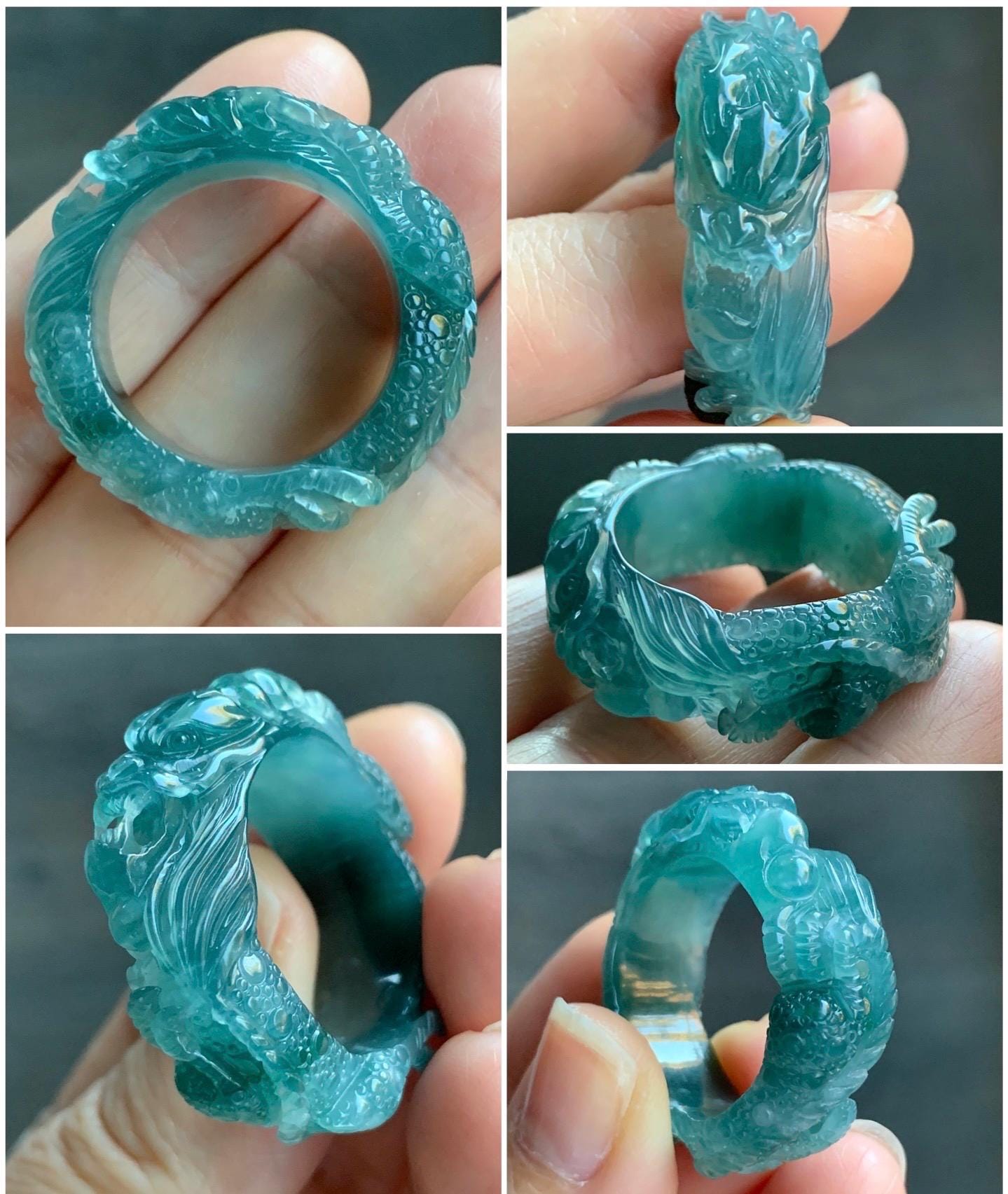 Certified Natural Guatemalan Premium Icy Translucent Teal Blue Jadeite Engraved Dragon Band Ring size 13 US 11.84g 天然冰胶起光危深蓝飘绿花翡翠盘龙戒圈戒指 3175