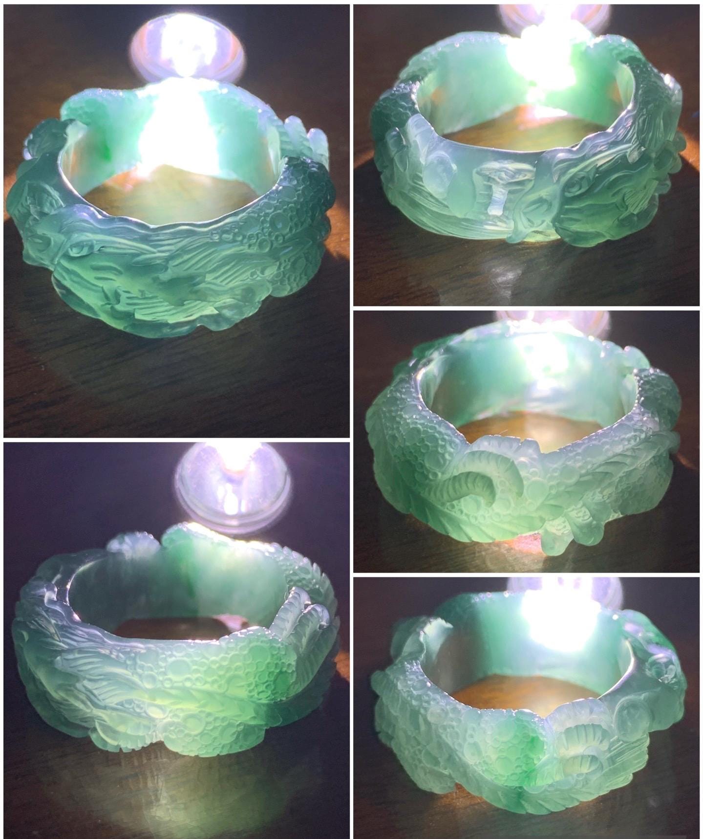 Certified Natural Guatemalan Premium Icy Translucent Teal Blue Jadeite Engraved Dragon Band Ring size 13 US 11.84g 天然冰胶起光危深蓝飘绿花翡翠盘龙戒圈戒指 3175