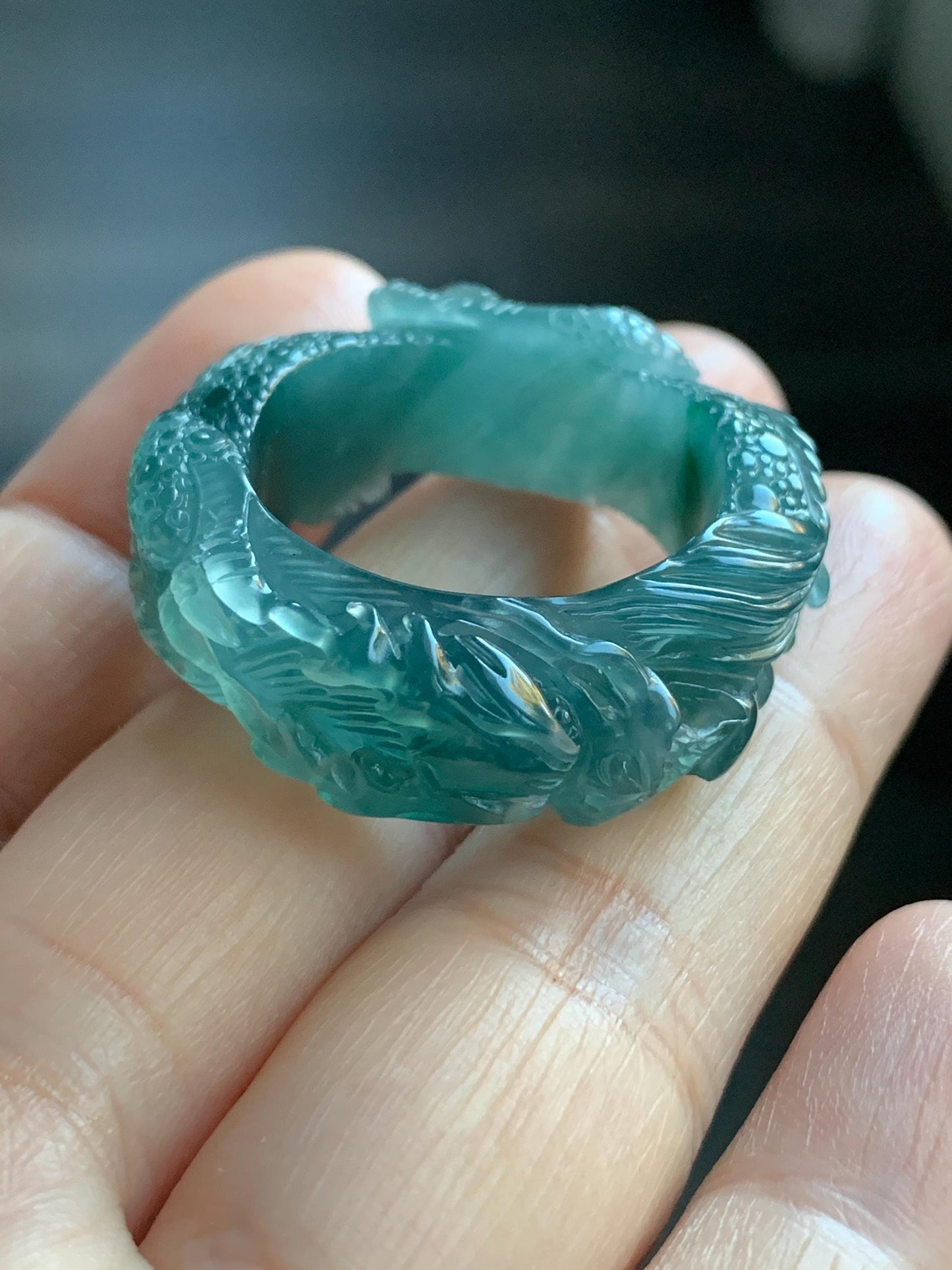 Certified Natural Guatemalan Premium Icy Translucent Teal Blue Jadeite Engraved Dragon Band Ring size 13 US 11.84g 天然冰胶起光危深蓝飘绿花翡翠盘龙戒圈戒指 3175