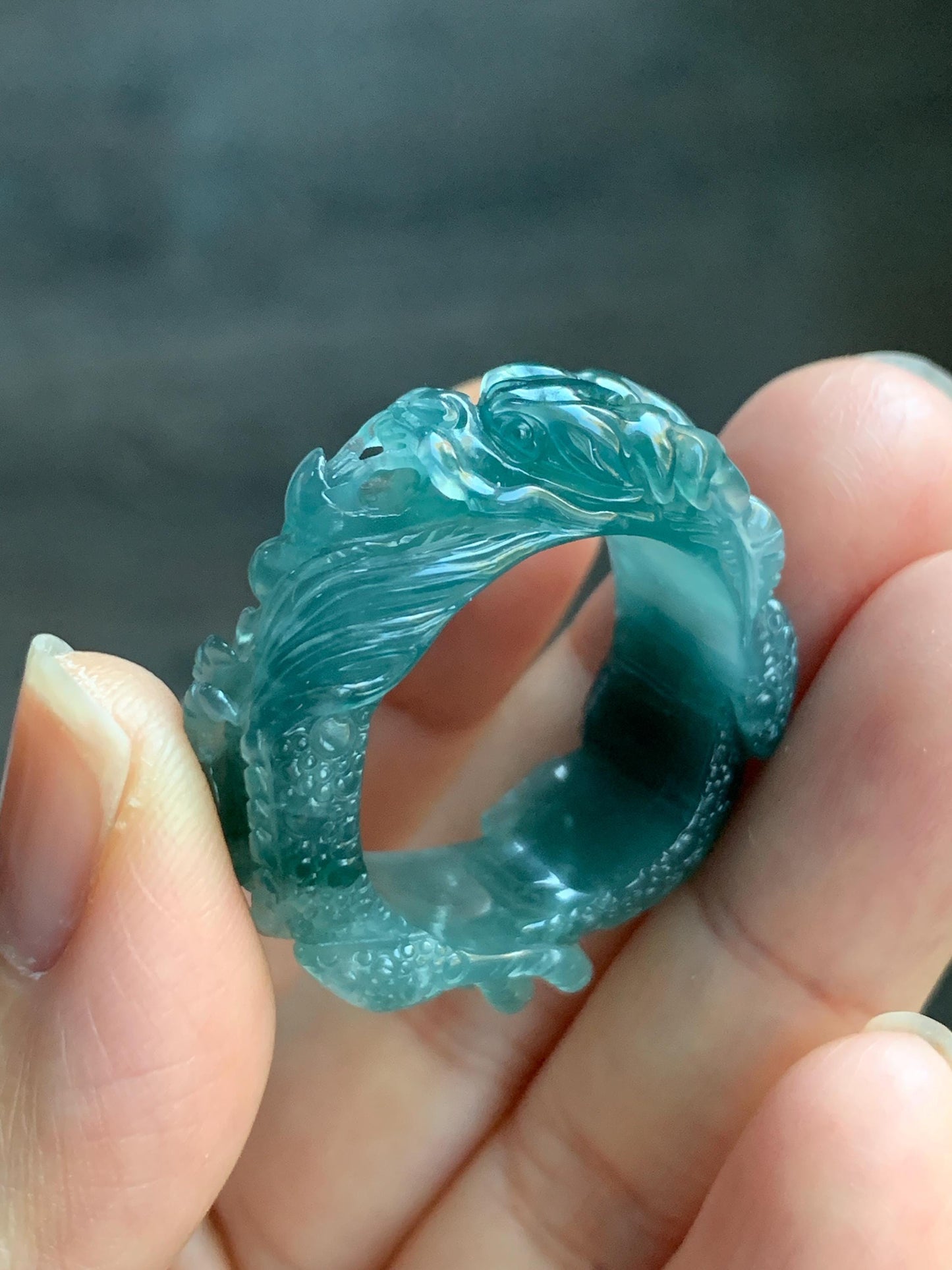 Certified Natural Guatemalan Premium Icy Translucent Teal Blue Jadeite Engraved Dragon Band Ring size 13 US 11.84g 天然冰胶起光危深蓝飘绿花翡翠盘龙戒圈戒指 3175