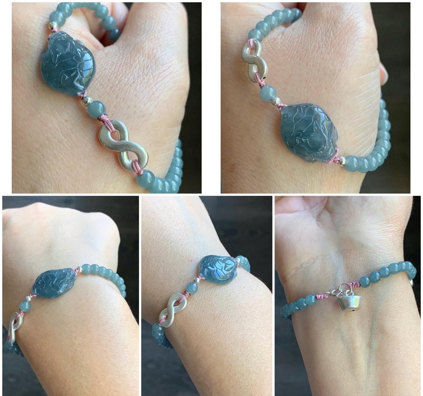 Natural Guatemalan Icy Translucent Gelatinous Dusty Blue Jadeite Dragon Turtle Beaded Bracelet Sterling Silver 6.75” 9g 天然冰危烟蓝紫起胶翡翠龙龟小圆珠手串