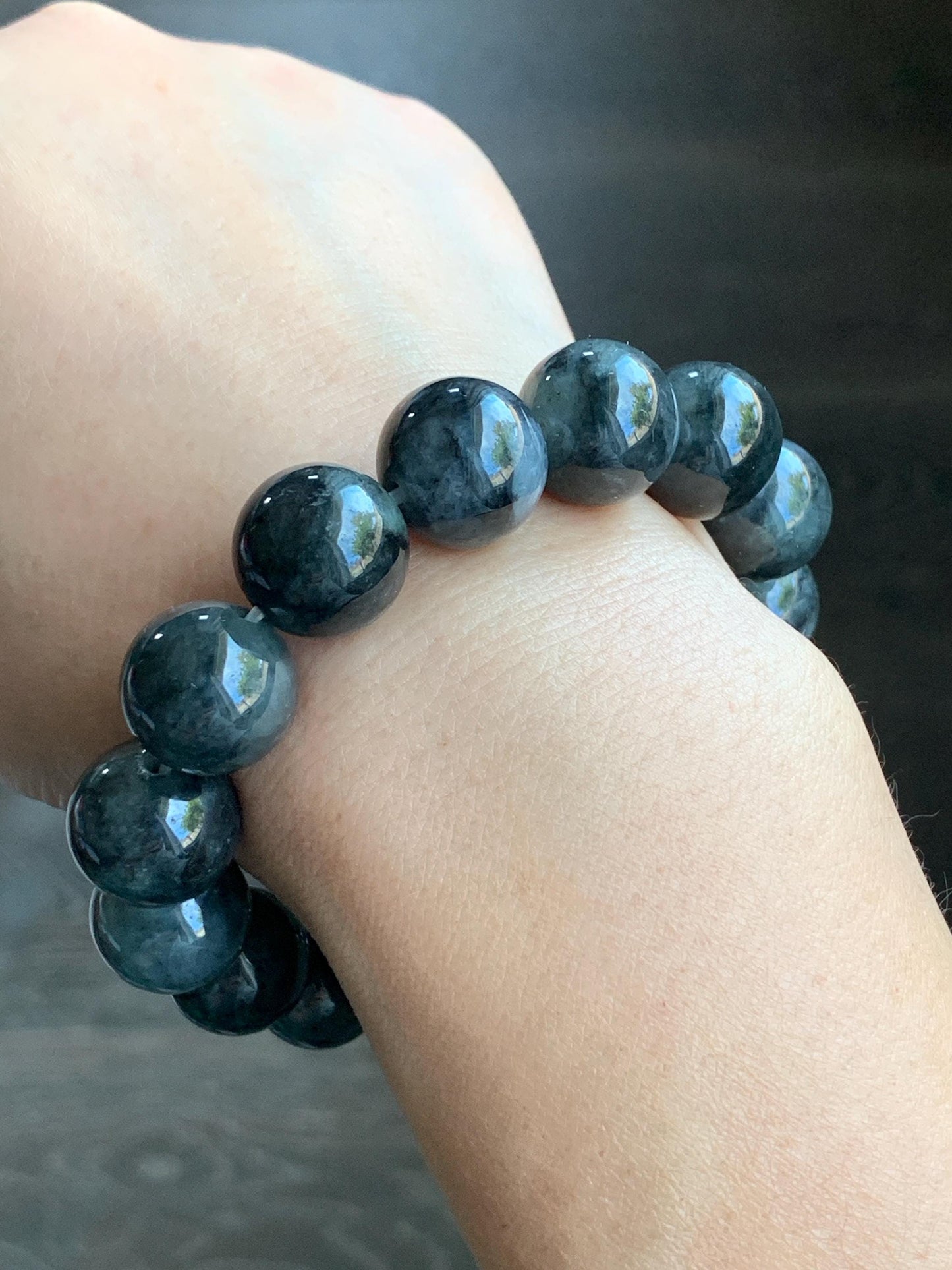 Certified Natural Burmese Icy Translucent Dark Wuji Jadeite Large Beads Beaded Bracelet 14mm 7.75” 74.62g 天然缅甸大卡糯冰种乌鸡翡翠手串 3002