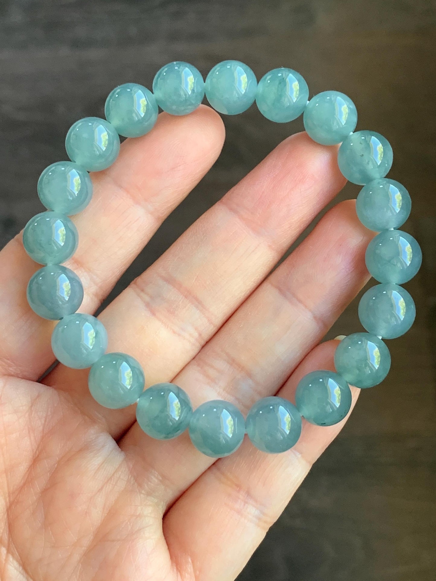 Natural Guatemalan Icy Highly Translucent Light Teal Blue Jadeite Large Beads Beaded Bracelet Stretchy 9.6mm 7” 31g 天然冰危浅蓝绿翡翠圆珠手串 LMMD104