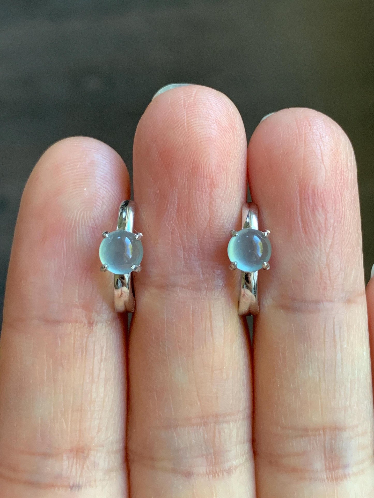 Natural Guatemalan Icy Highly Translucent Light Blue Jadeite Hoop Huggie Earrings S925 Sterling Silver 天然冰危起光淡蓝翡翠银镶耳包