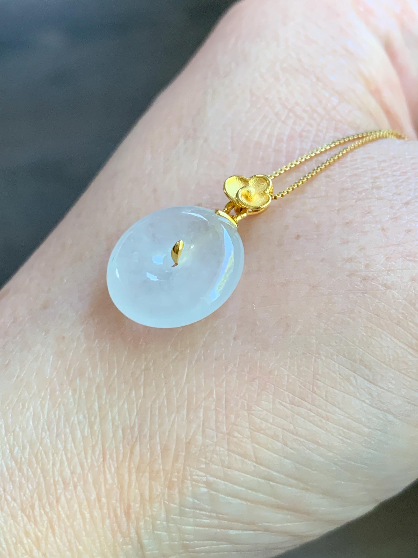 Certified Natural Burmese Icy Highly Translucent White Jadeite Petite Ping An Kou Donut Pendant 18K Yellow Gold 天然缅甸正白冰翡翠平安扣仿古款镶嵌吊坠 3029