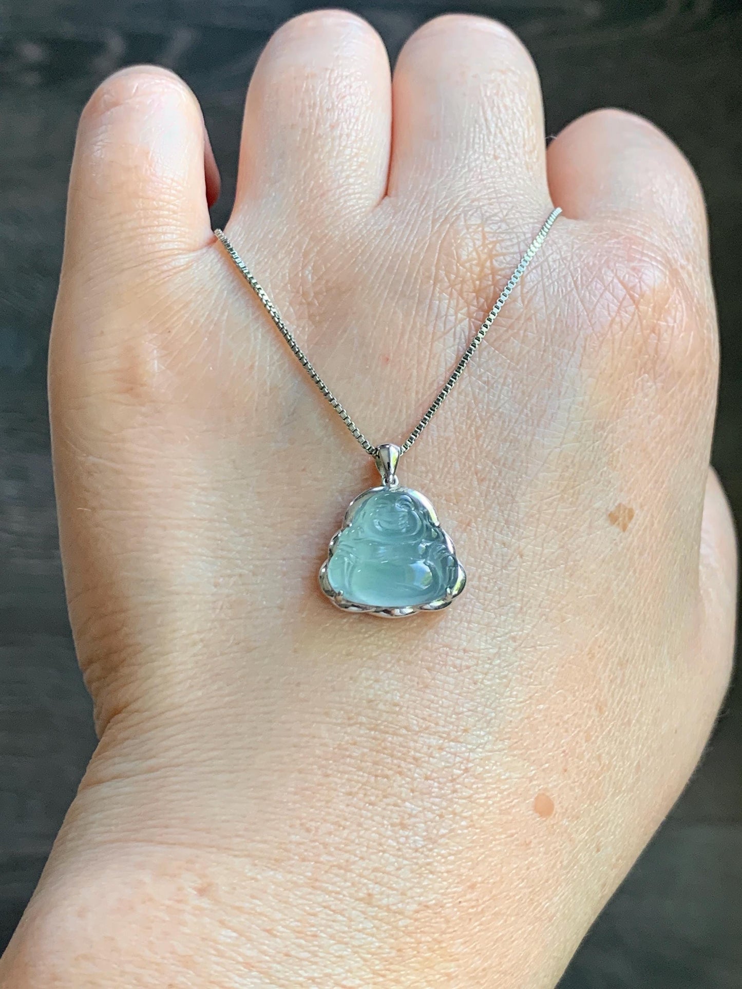 Certified Natural Guatemalan Icy Highly Translucent Light Teal Blue Jadeite Buddha Petite Pendant Sterling Silver 天然老种高冰危蓝绿翡翠起光佛公镶嵌吊坠 3023