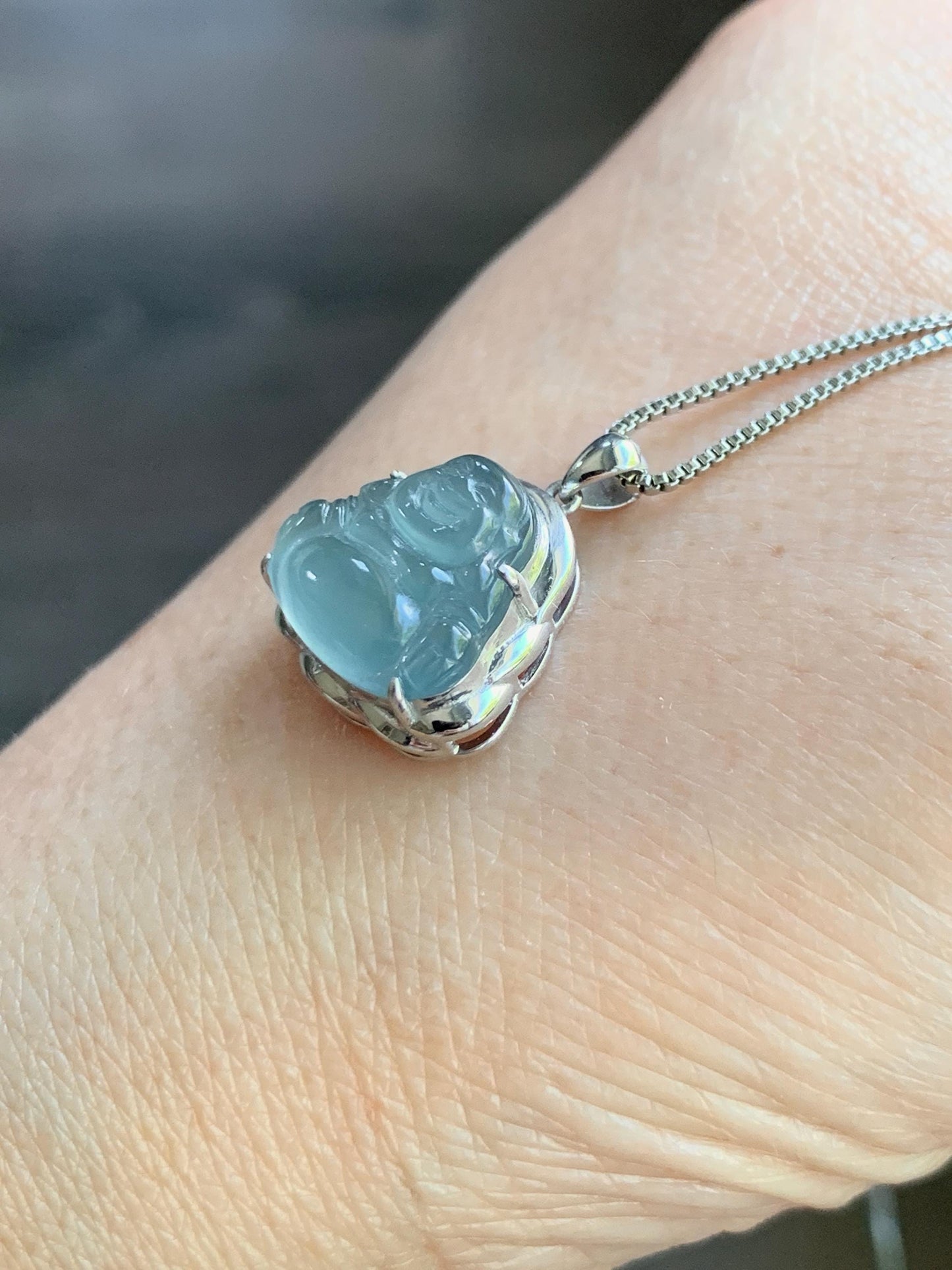 Certified Natural Guatemalan Icy Highly Translucent Light Teal Blue Jadeite Buddha Petite Pendant Sterling Silver 天然老种高冰危蓝绿翡翠起光佛公镶嵌吊坠 3023