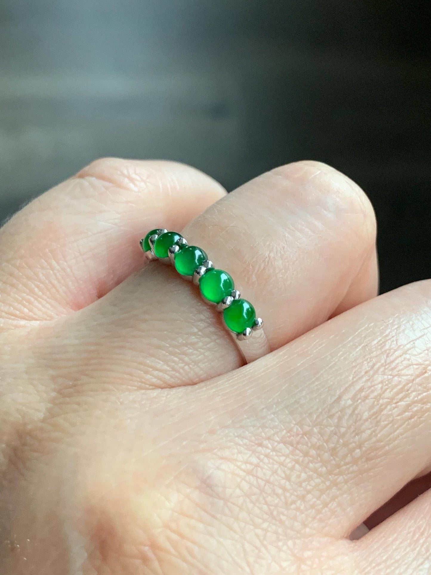 Certified Natural Guatemalan Premium Icy Translucent Vibrant Green 5-Stone Jadeite Band Ring Size 7.25 Sterling Silver 天然老种冰危绿翡翠镶嵌排戒 3037