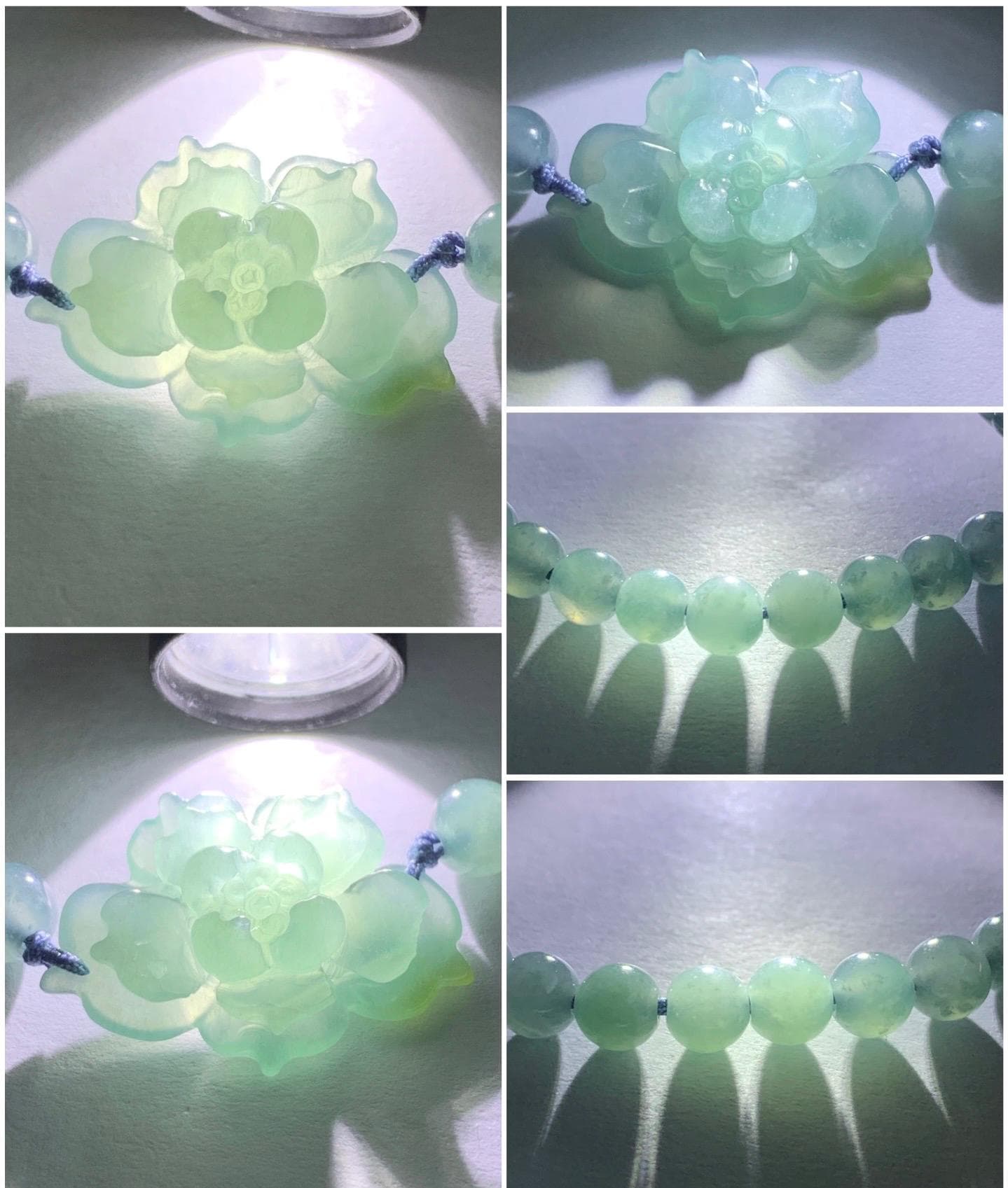 Certified Natural Burmese Icy Translucent Gelatinous Teal Blue Yellow Marbled Jadeite Lotus Flower Beaded Bracelet 7” 12g 天然冰危蓝翡翠莲花圆珠手串