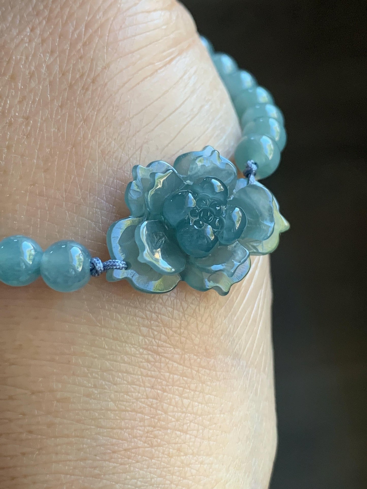 Certified Natural Burmese Icy Translucent Gelatinous Teal Blue Yellow Marbled Jadeite Lotus Flower Beaded Bracelet 7” 12g 天然冰危蓝翡翠莲花圆珠手串
