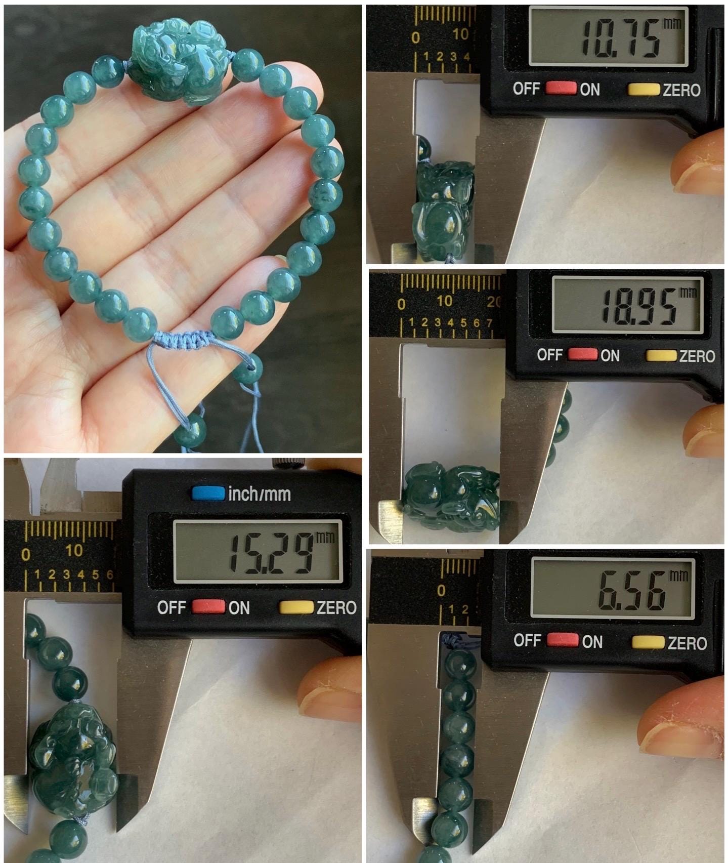 Natural Guatemalan Icy Translucent Gelatinous Dark Teal Green Teal Blue Jadeite Pixiu Beaded Bracelet 6.5mm 6.75” 16g 天然冰危蓝翡翠貔貅圆珠手串