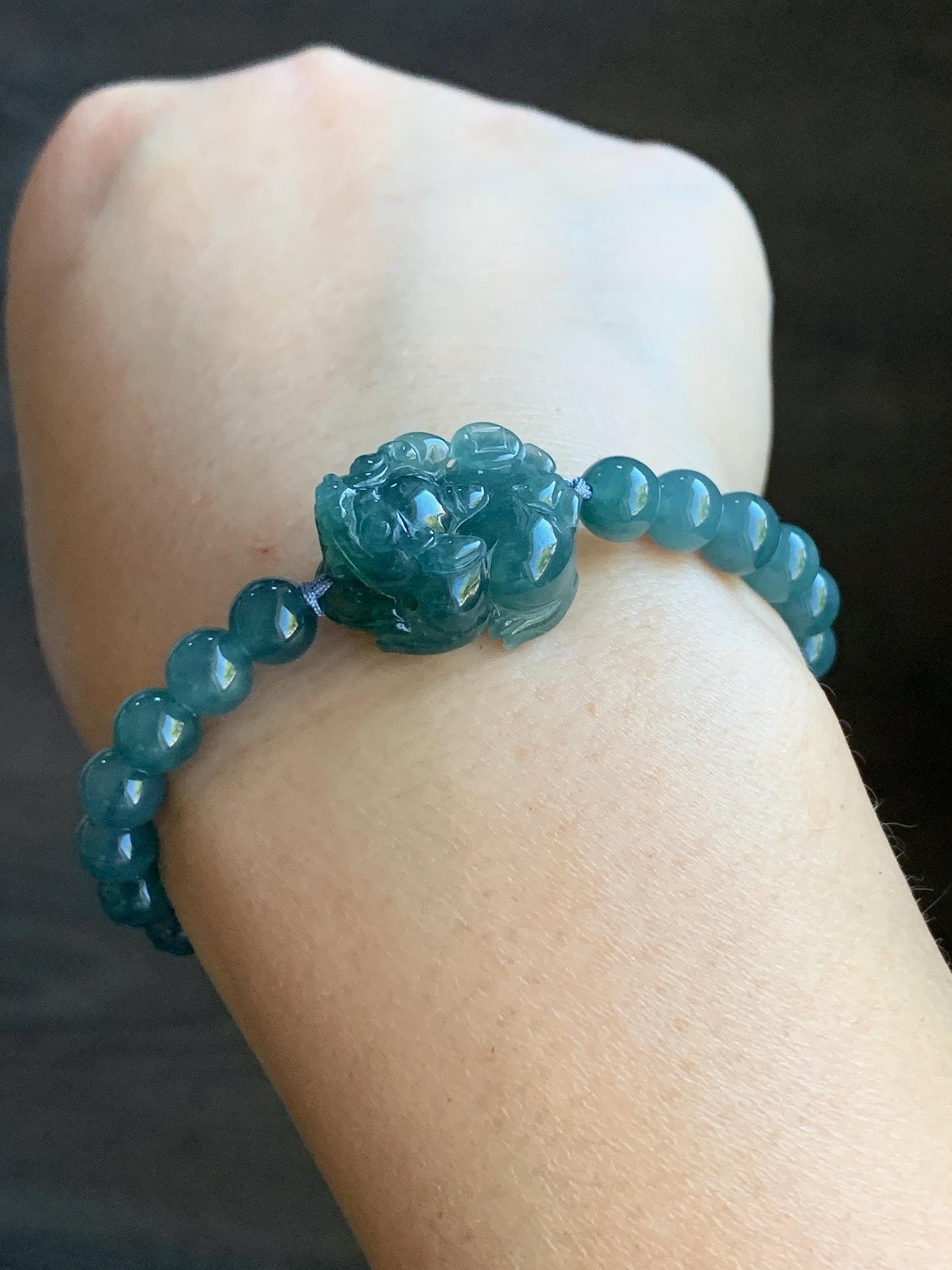 Natural Guatemalan Icy Translucent Gelatinous Dark Teal Green Teal Blue Jadeite Pixiu Beaded Bracelet 6.5mm 6.75” 16g 天然冰危蓝翡翠貔貅圆珠手串