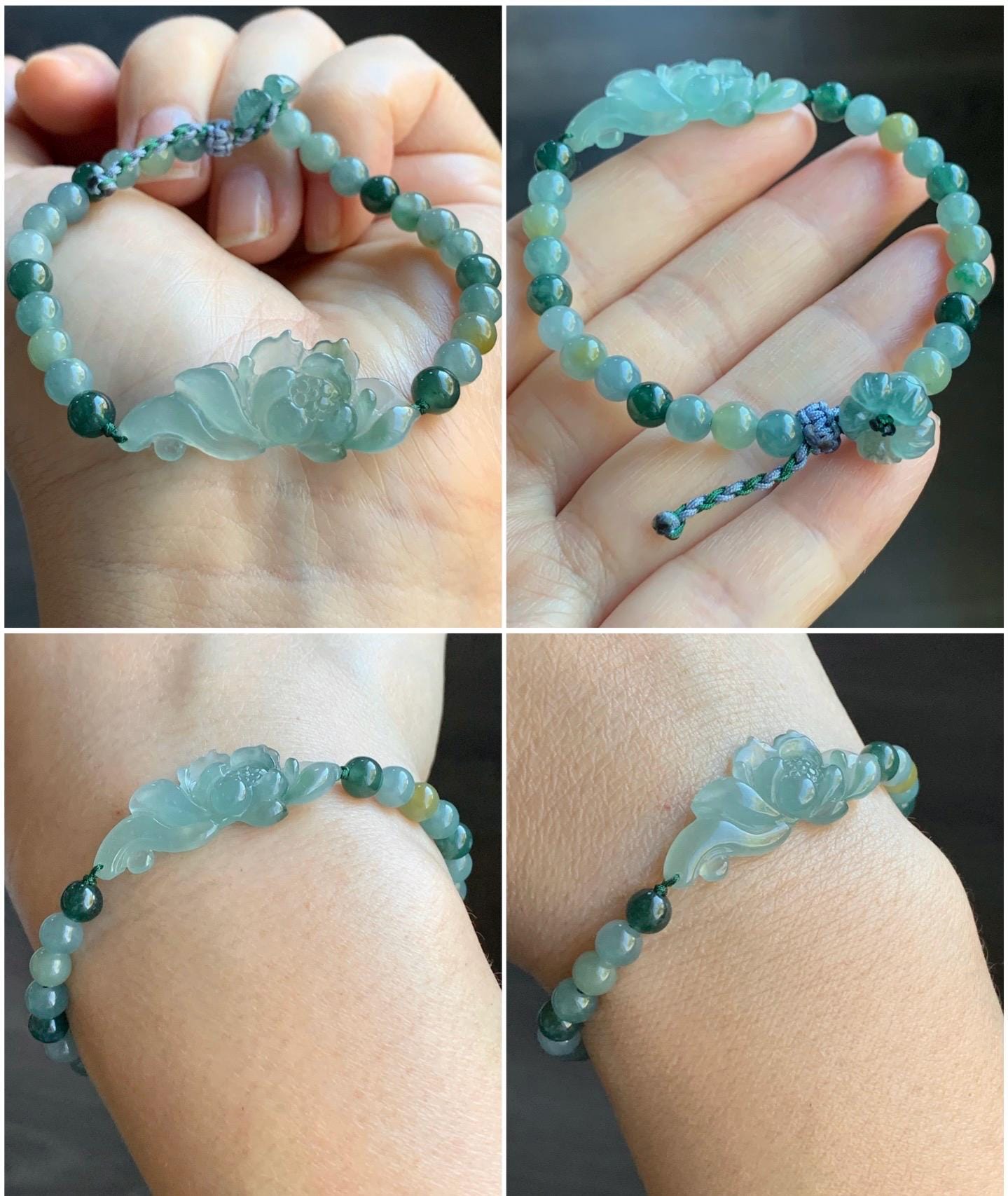 Natural Guatemalan Icy Highly Translucent Light Teal Green Jadeite Lotus Flower Multicolored Beads Beaded Bracelet 6.75” 9g 天然冰危晴色翡翠莲花多宝珠手串