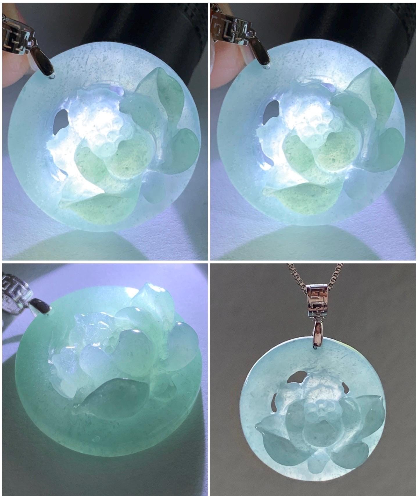 Natural Guatemalan Icy Highly Translucent Light Dusty Blue Jadeite Lotus Flower Circle Pendant 18K White Gold 天然冰危淡蓝翡翠莲花圈镶嵌吊坠 YHH-A