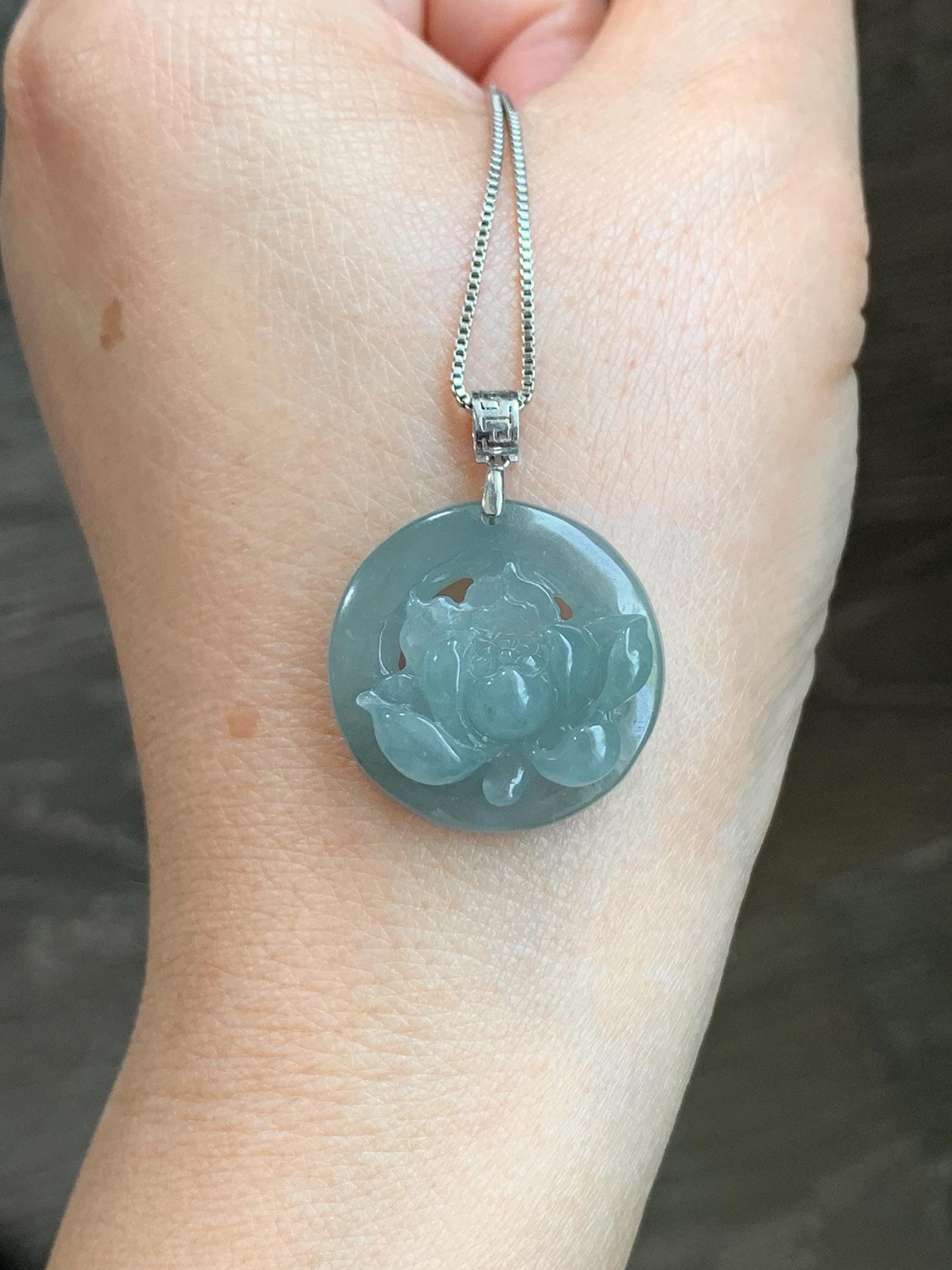 Natural Guatemalan Icy Highly Translucent Light Dusty Blue Jadeite Lotus Flower Circle Pendant 18K White Gold 天然冰危淡蓝翡翠莲花圈镶嵌吊坠 YHH-A