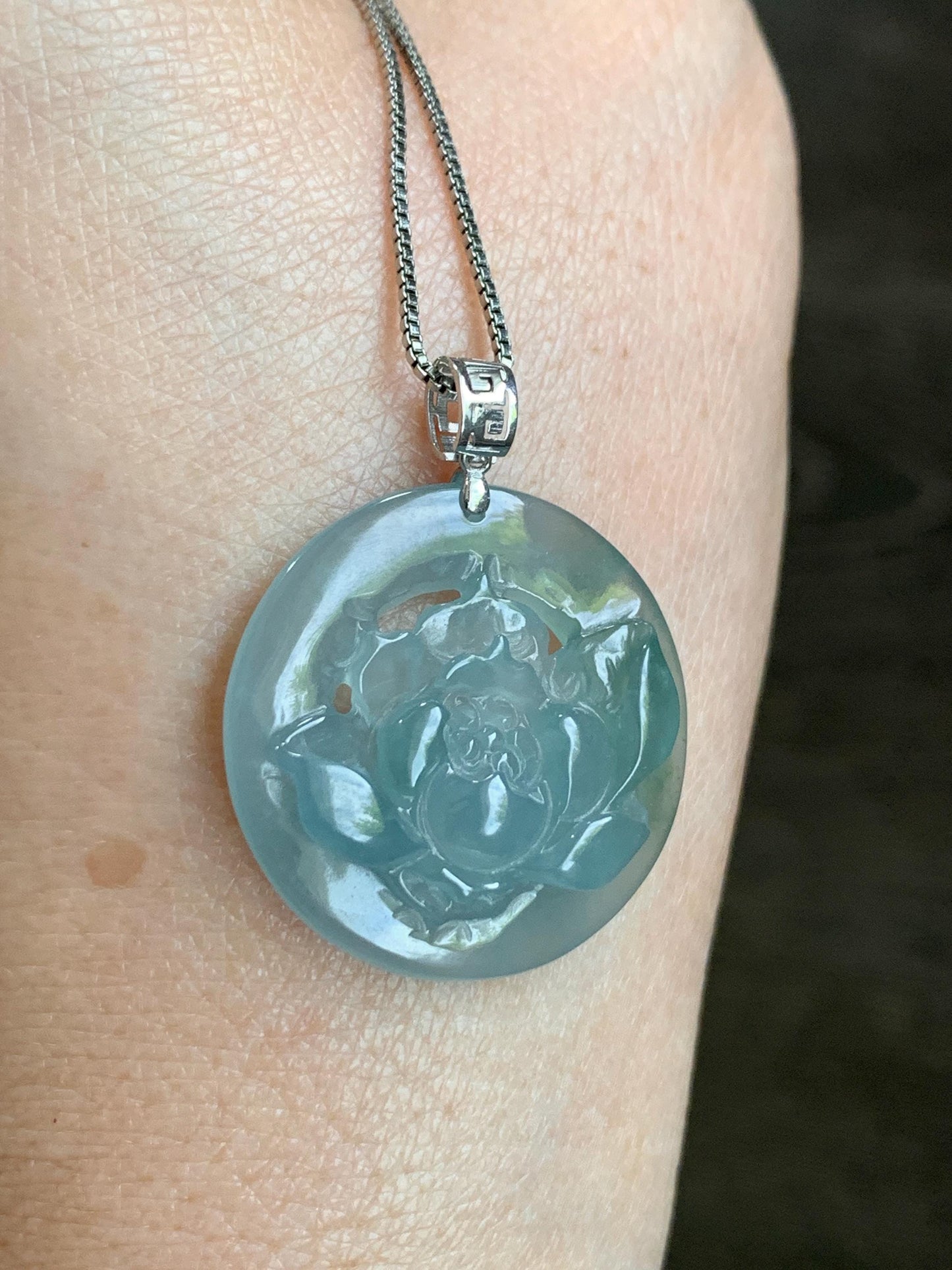 Natural Guatemalan Icy Highly Translucent Light Dusty Blue Jadeite Lotus Flower Circle Pendant 18K White Gold 天然冰危淡蓝翡翠莲花圈镶嵌吊坠 YHH-B