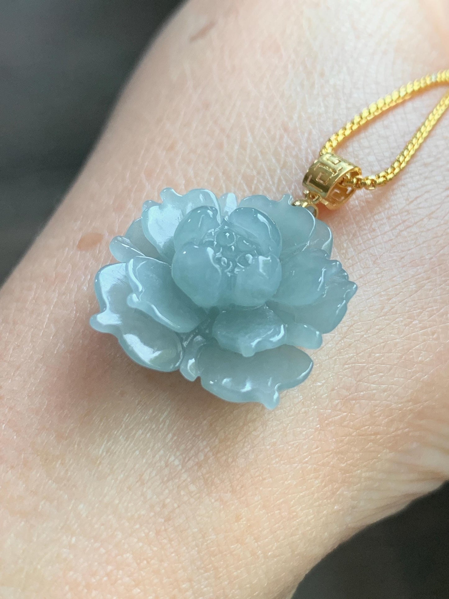 Natural Guatemalan Icy Translucent Light Dusty Blue Jadeite Carved 3D Lotus Flower Pendant 18K Yellow Gold Bail 天然冰危淡蓝翡翠精工雕莲花镶嵌吊坠