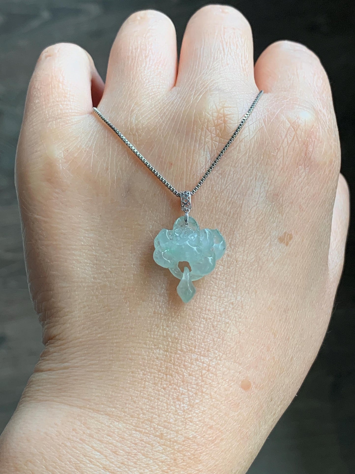 Petite Natural Burmese Icy Highly Translucent Light Green Jadeite Lotus Flower Interlocked Teardrop Pendant 18K White Gold 天然缅甸冰胶晴底翡翠荷花镶嵌吊坠