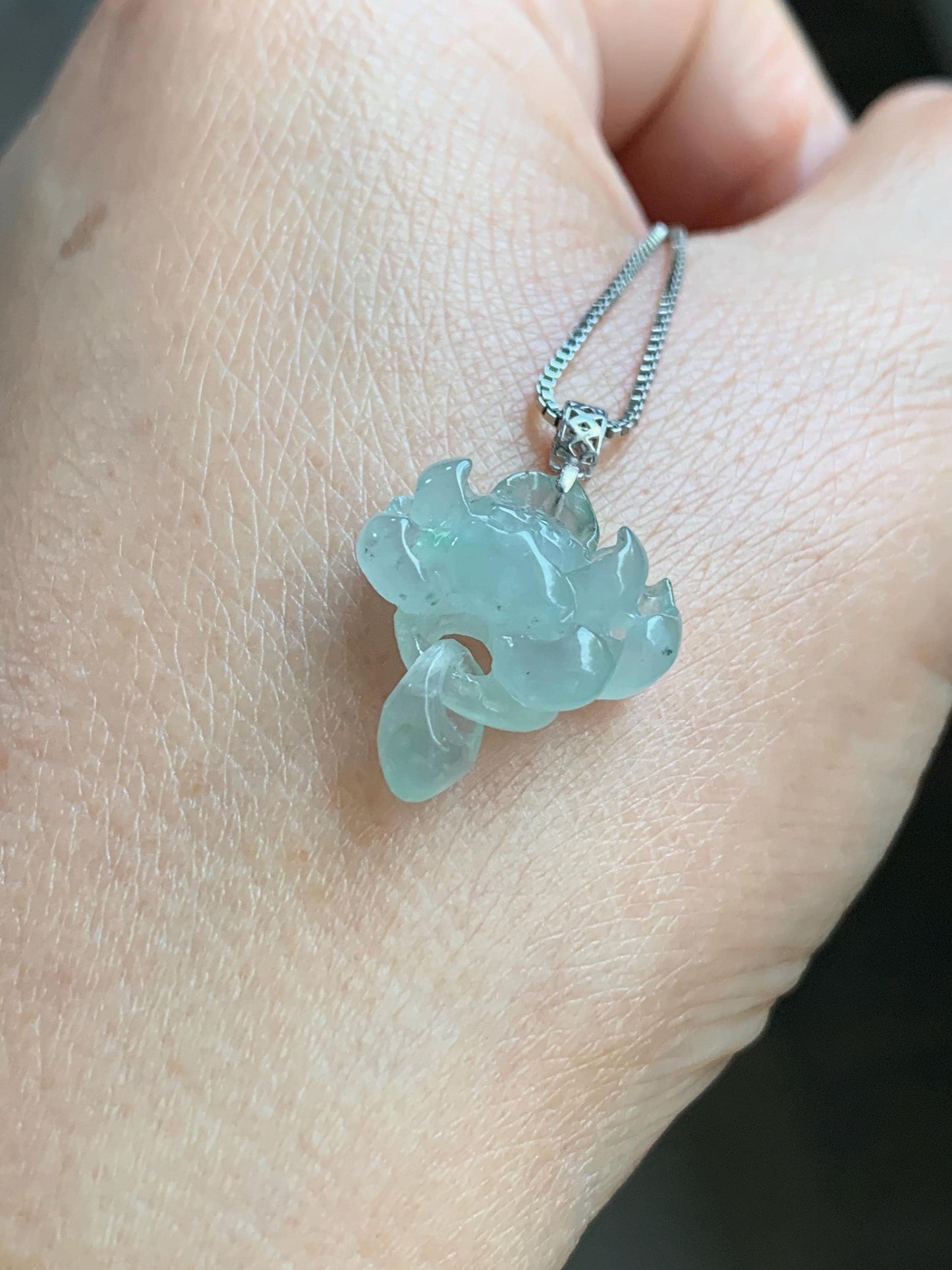 Petite Natural Burmese Icy Highly Translucent Light Green Jadeite Lotus Flower Interlocked Teardrop Pendant 18K White Gold 天然缅甸冰胶晴底翡翠荷花镶嵌吊坠