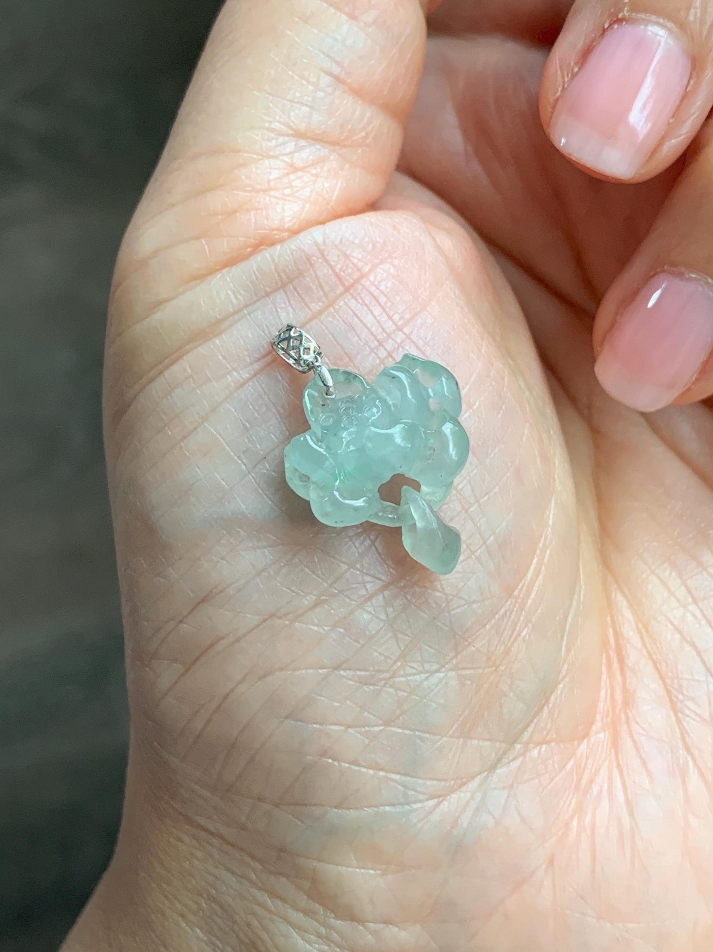 Petite Natural Burmese Icy Highly Translucent Light Green Jadeite Lotus Flower Interlocked Teardrop Pendant 18K White Gold 天然缅甸冰胶晴底翡翠荷花镶嵌吊坠