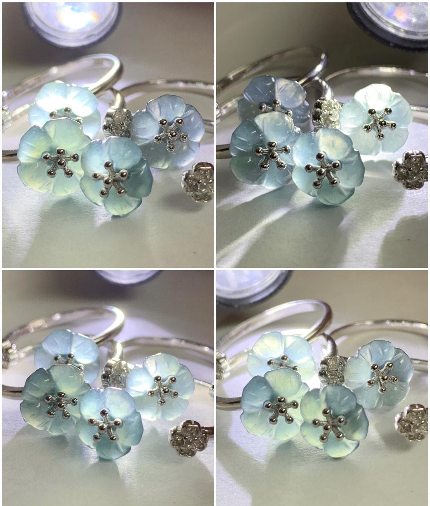 Natural Guatemalan Icy Highly Translucent Gelatinous Teal Blue Jadeite Cherry Blossom Open Band Ring Sterling Silver Size 7 天然高冰危蓝翡翠梅花开口银镶戒指