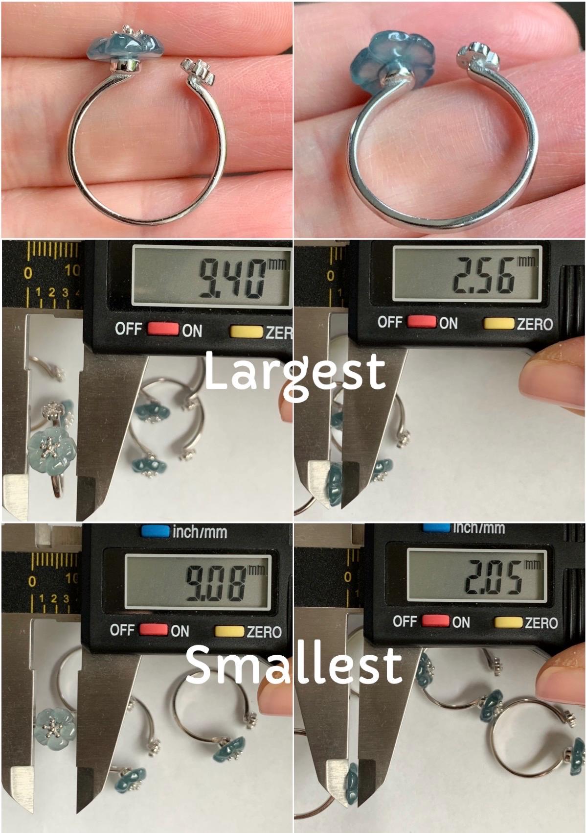 Natural Guatemalan Icy Highly Translucent Gelatinous Teal Blue Jadeite Cherry Blossom Open Band Ring Sterling Silver Size 7 天然高冰危蓝翡翠梅花开口银镶戒指