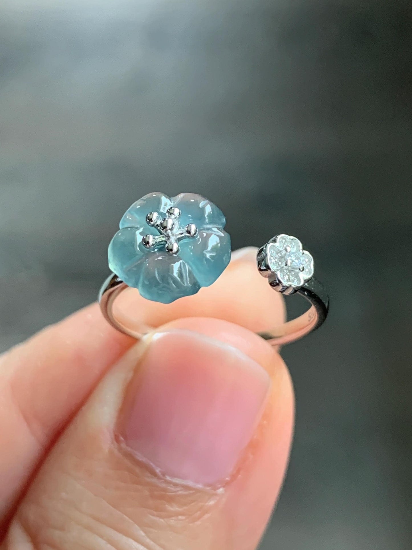 Natural Guatemalan Icy Highly Translucent Gelatinous Teal Blue Jadeite Cherry Blossom Open Band Ring Sterling Silver Size 7 天然高冰危蓝翡翠梅花开口银镶戒指