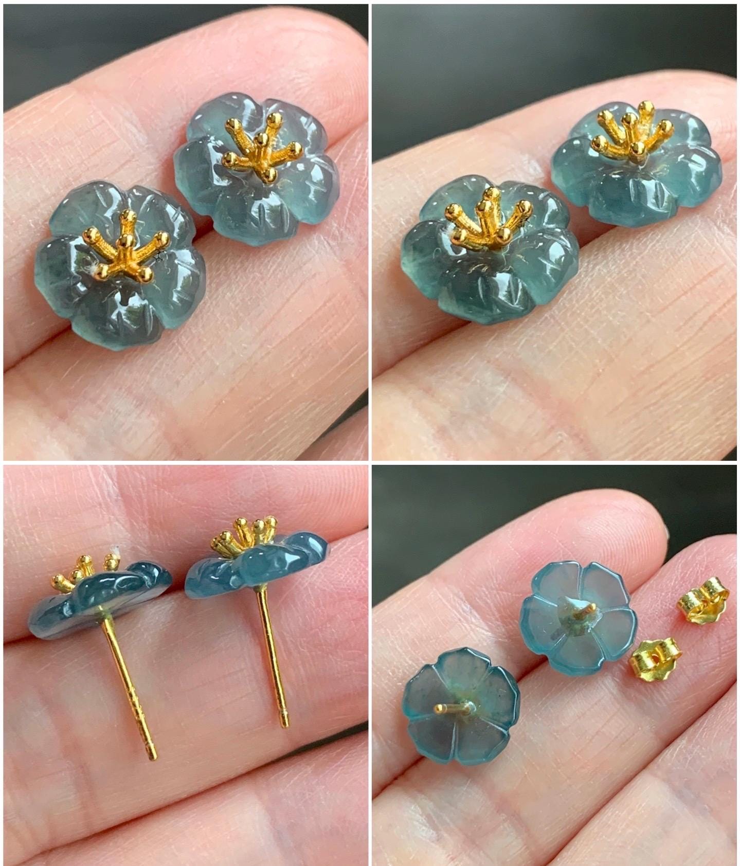 Natural Guatemalan Icy Highly Translucent Gelatinous Deep Indigo Blue Jadeite Cherry Blossom Stud Earring Sterling Silver 天然高冰危蓝翡翠梅花银镶耳钉