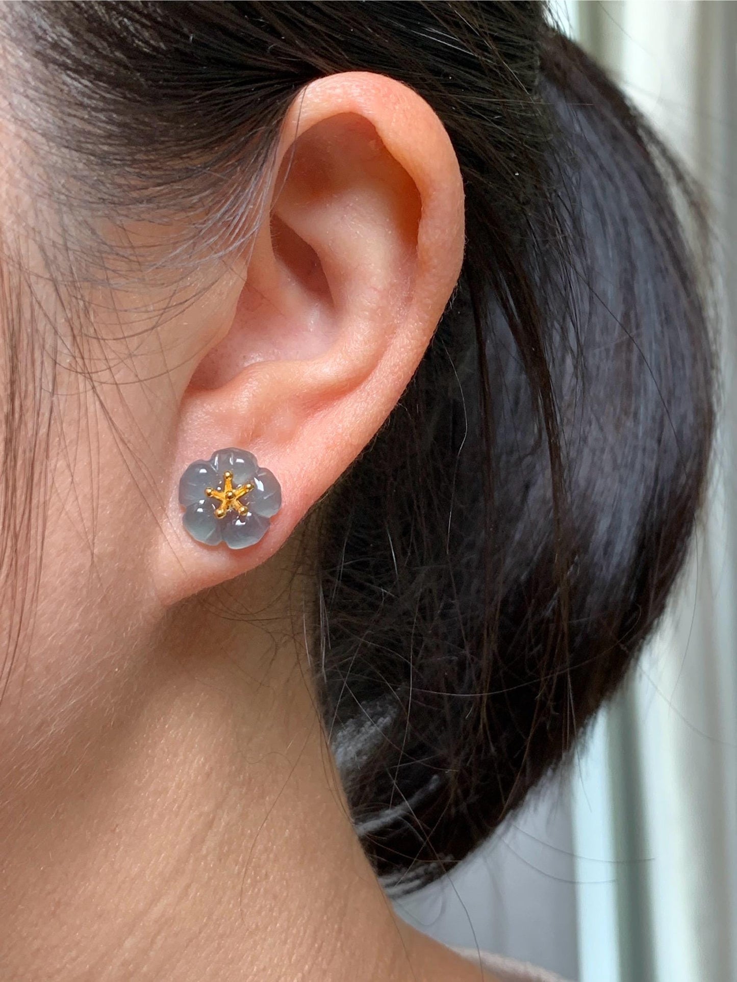 Natural Guatemalan Icy Highly Translucent Gelatinous Deep Indigo Blue Jadeite Cherry Blossom Stud Earring Sterling Silver 天然高冰危蓝翡翠梅花银镶耳钉