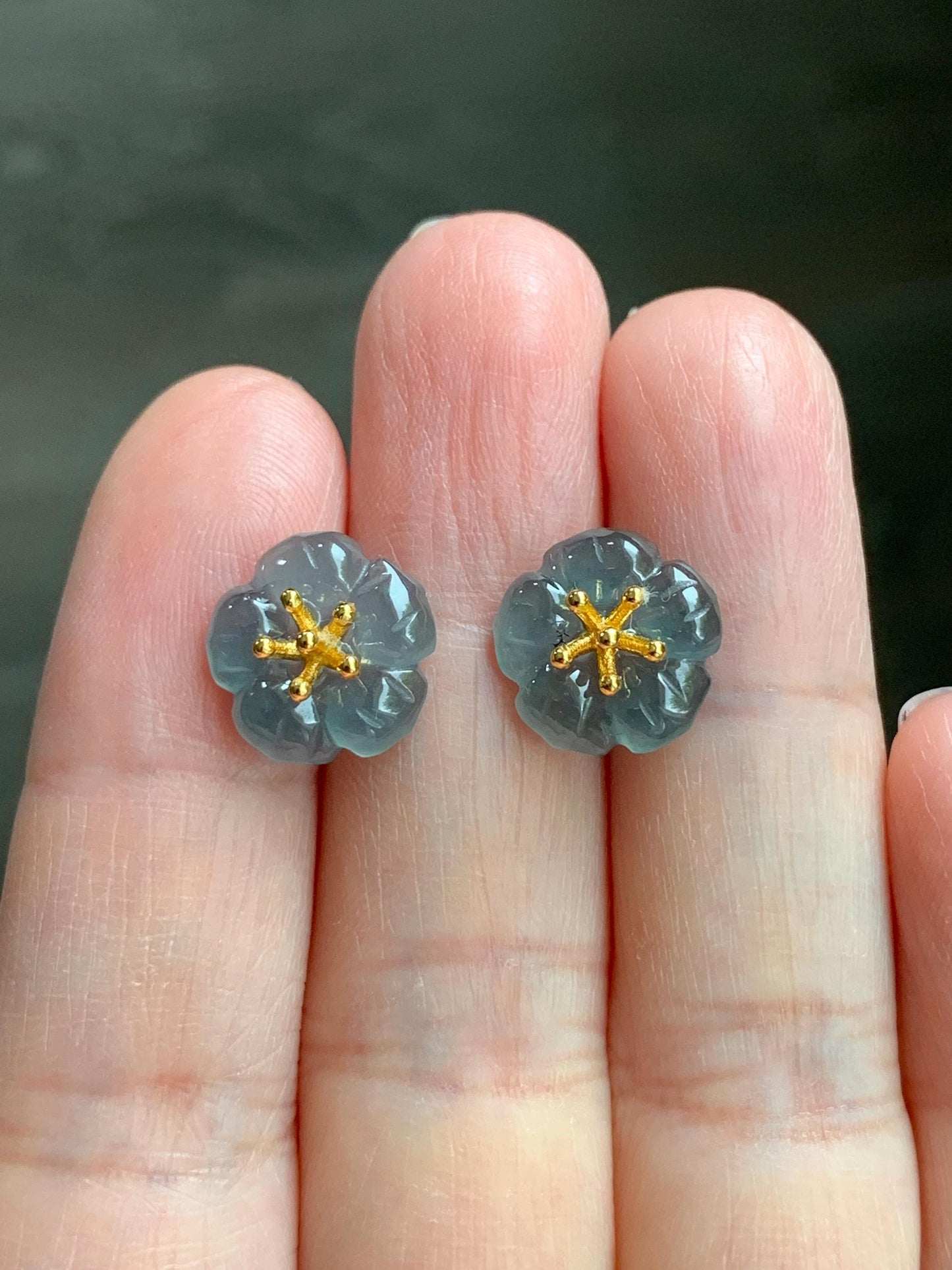 Natural Guatemalan Icy Highly Translucent Gelatinous Deep Indigo Blue Jadeite Cherry Blossom Stud Earring Sterling Silver 天然高冰危蓝翡翠梅花银镶耳钉