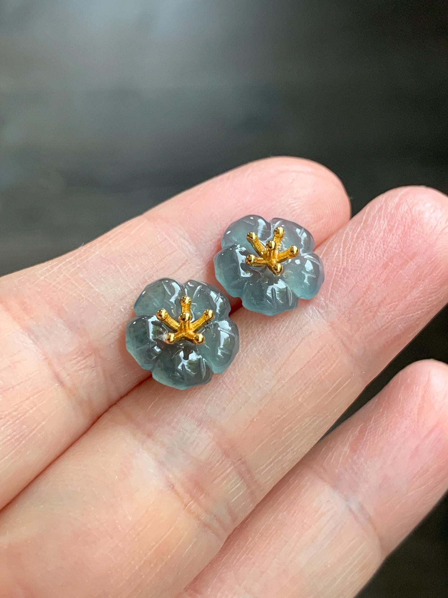 Natural Guatemalan Icy Highly Translucent Gelatinous Deep Indigo Blue Jadeite Cherry Blossom Stud Earring Sterling Silver 天然高冰危蓝翡翠梅花银镶耳钉