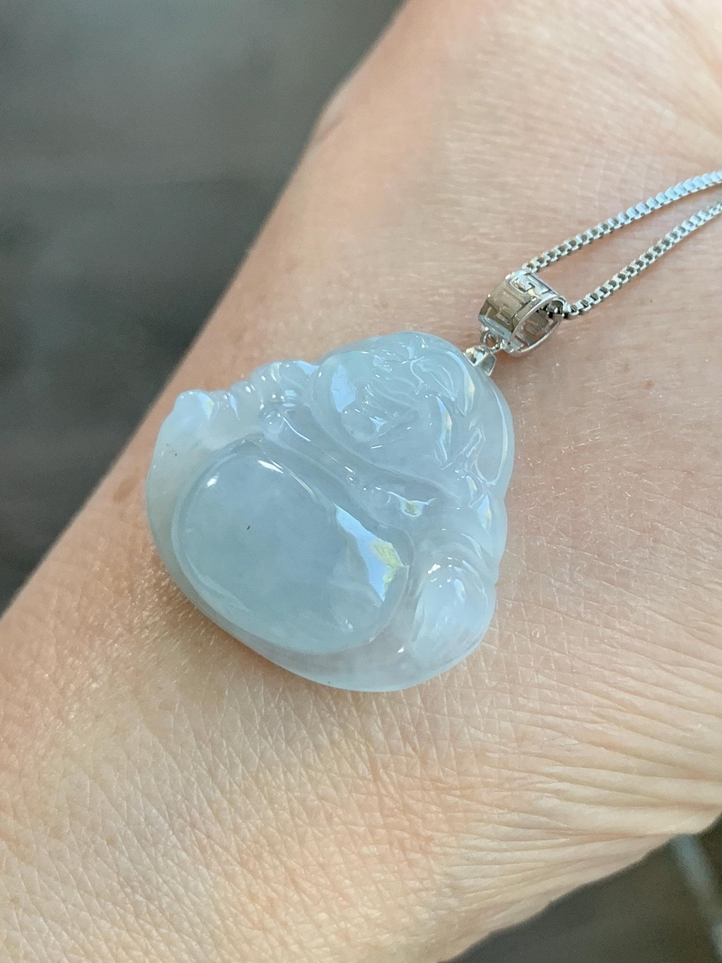 Certified Natural Burmese Icy Translucent Pale Blue Jadeite Carved Buddha Pendant 18K White Gold 天然缅甸冰淡蓝翡翠佛公镶嵌吊坠 3011