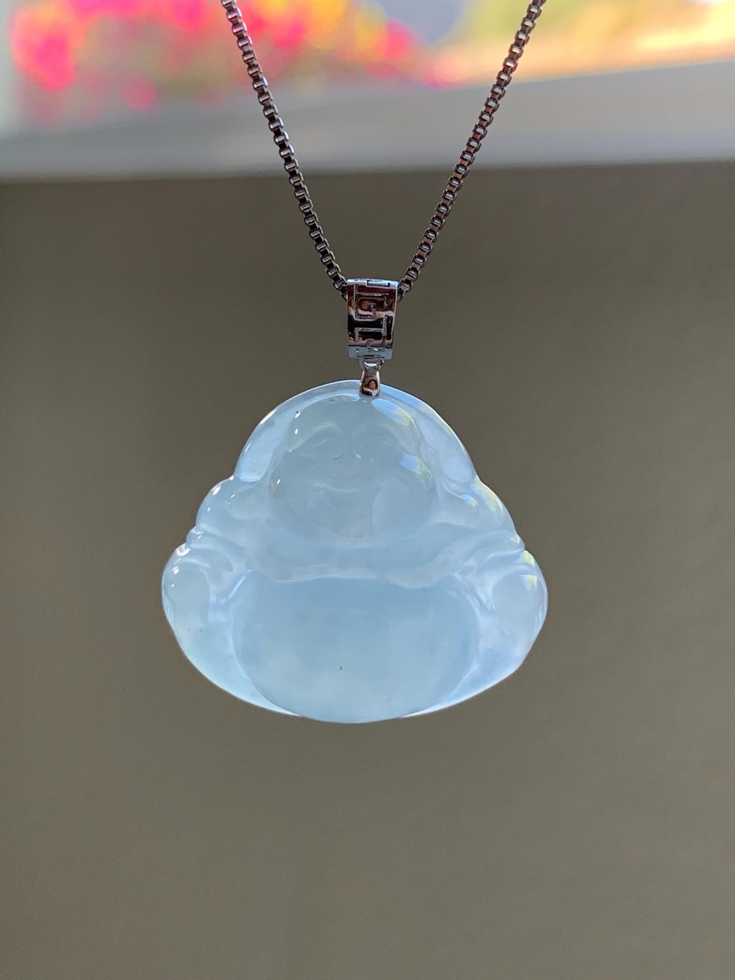 Certified Natural Burmese Icy Translucent Pale Blue Jadeite Carved Buddha Pendant 18K White Gold 天然缅甸冰淡蓝翡翠佛公镶嵌吊坠 3011